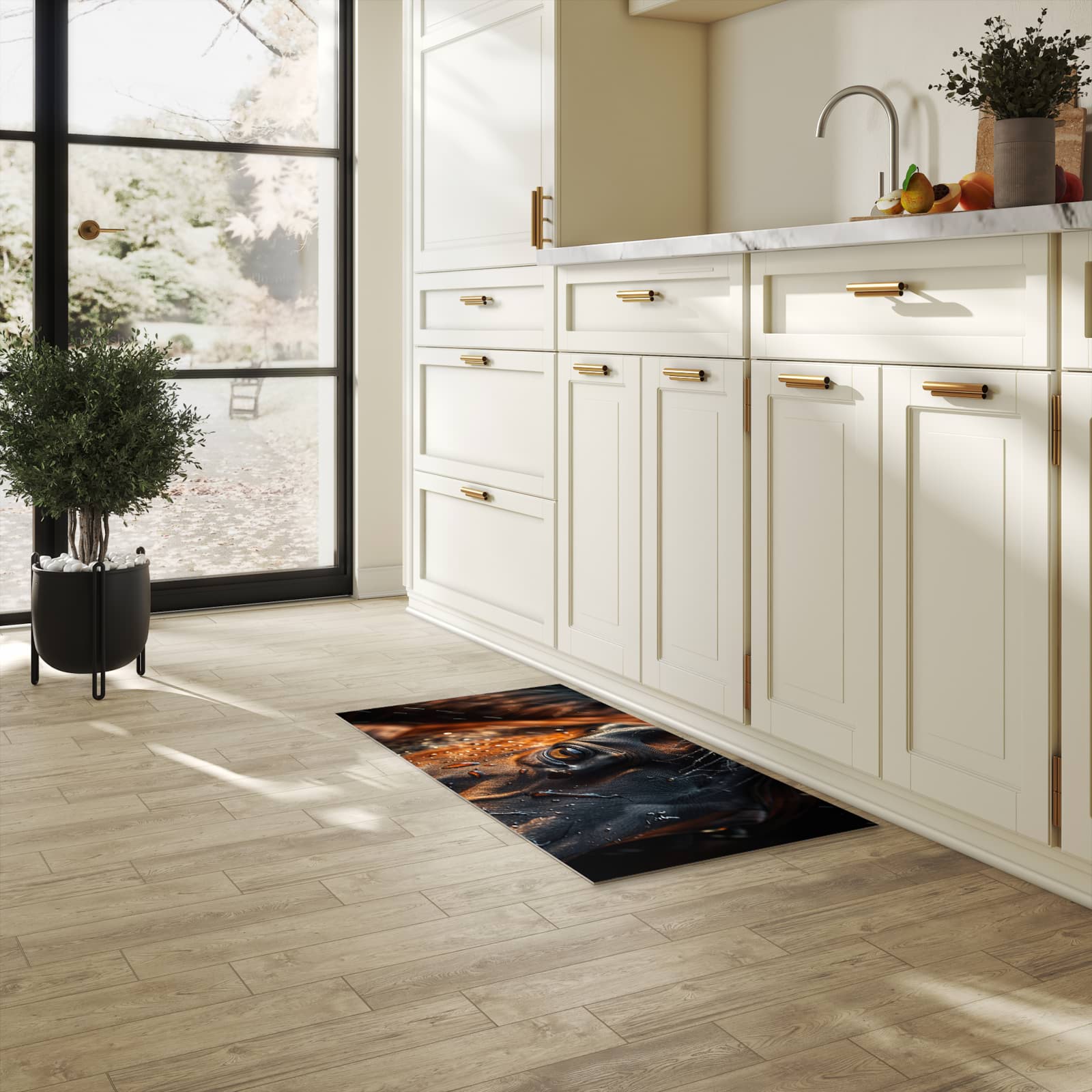 Wasserabweisender Küchenläufer mit Motiv Pferdeauge im Regen in heller Küche