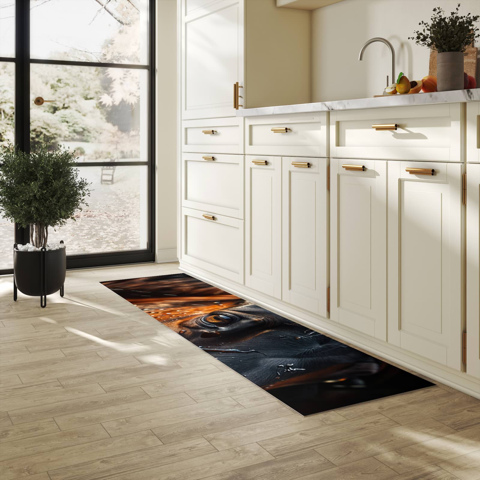 Geruchsneutraler rutschfester Läufer mit Motiv Pferdeauge im Regen in heller Küche