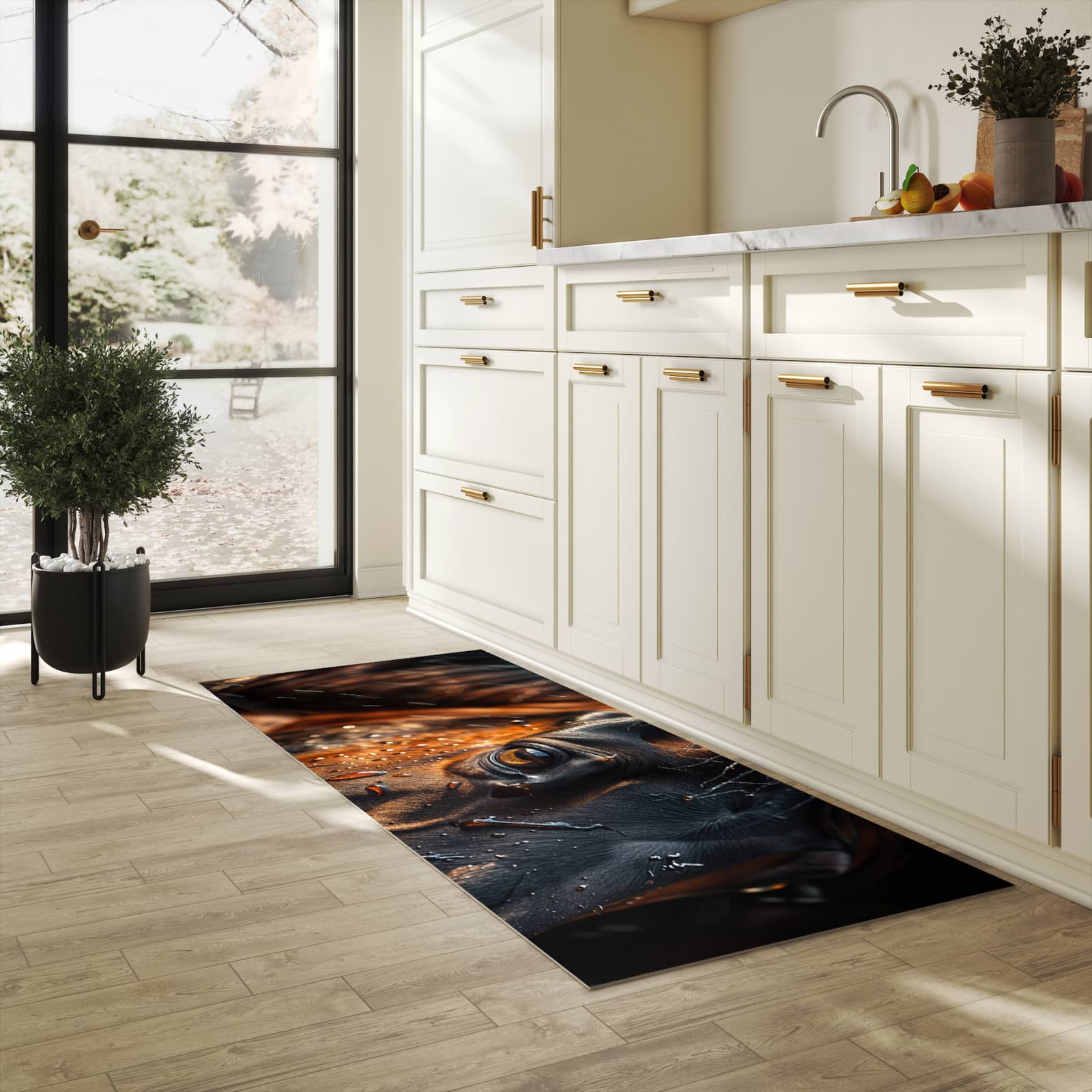 Komfortabler Teppich fürs Esszimmer mit Motiv Pferdeauge im Regen in heller Küche, waschbar