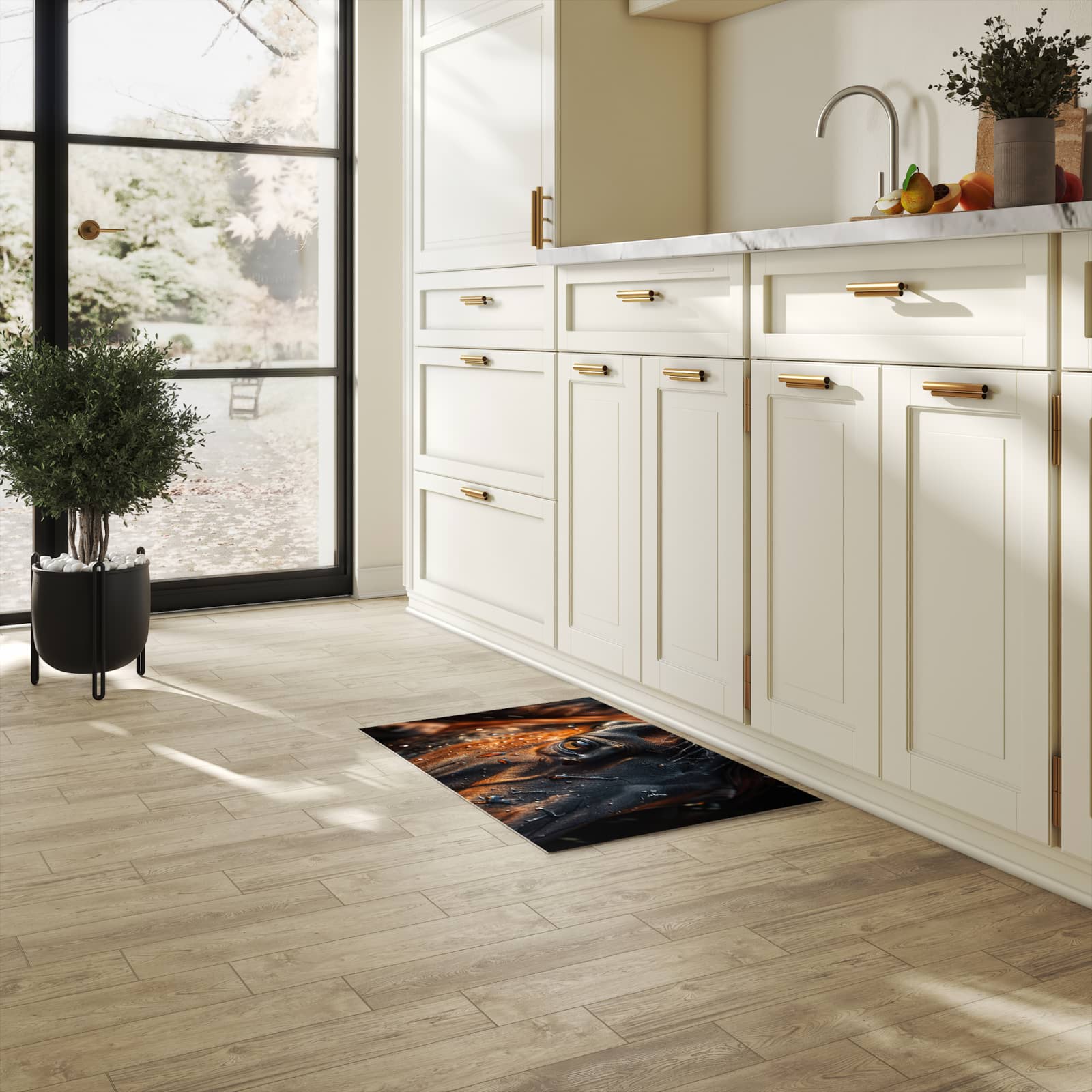 Pflegeleichter dünner Küchenteppich mit Motiv Pferdeauge im Regen in heller Küche