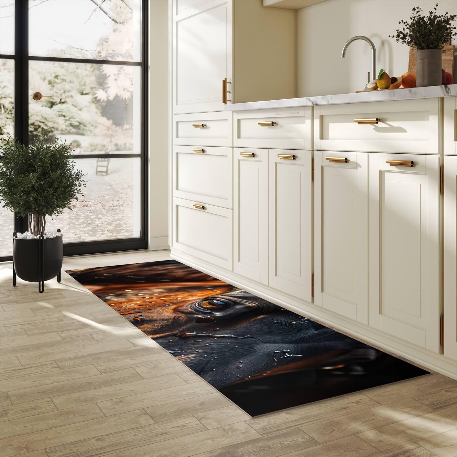 Rutschfester Teppich für Esstisch mit Motiv Pferdeauge im Regen in heller Küche