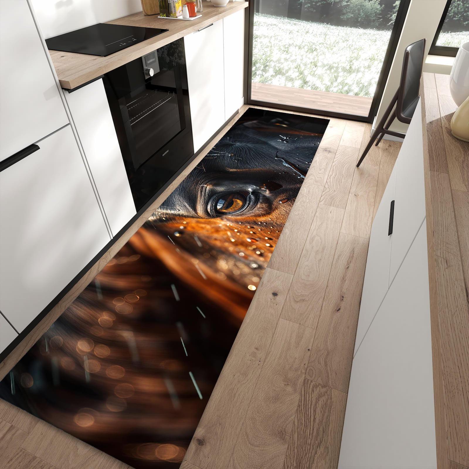 Waschbarer Küchenläufer mit Motiv Pferdeauge im Regen für Ordnung in moderner Küche