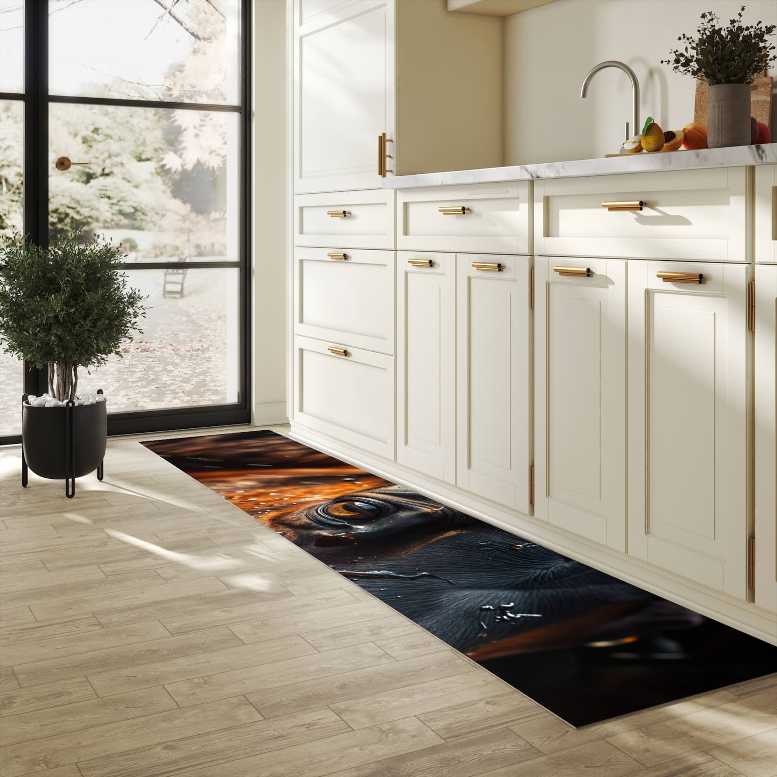 Flacher rutschfester Küchenteppich mit Motiv Pferdeauge im Regen in heller Küche