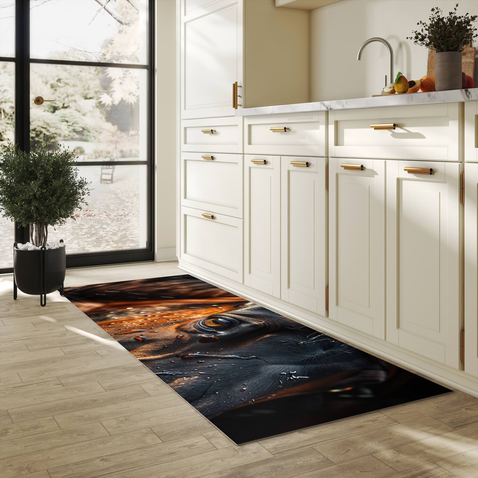 Strapazierfähiger Küchenteppich mit Motiv Pferdeauge im Regen in heller Küche