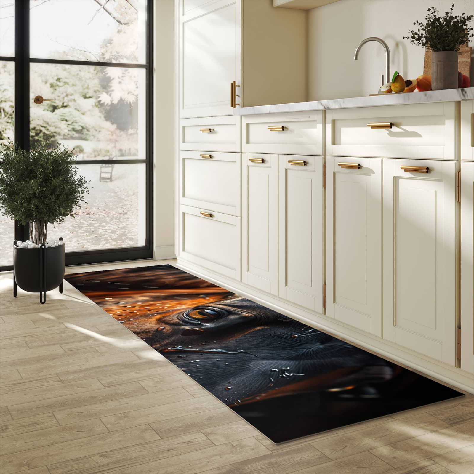 Pflegeleichter rutschfester Küchenteppich mit Motiv Pferdeauge im Regen in heller Küche