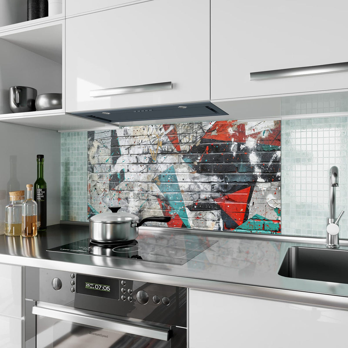 Küchenrückwand aus Glas Zickzack-Graffiti im Hochformat als Spritzschutz hinter dem Kochfeld, über dem Fliesenspiegel montiert