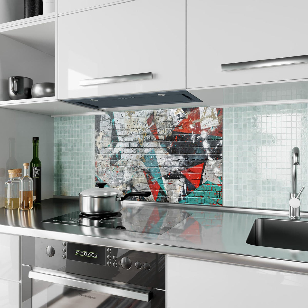 Küchenrückwand aus Glas Zickzack-Graffiti im Hochformat als Spritzschutz hinter dem Kochfeld, über dem Fliesenspiegel montiert
