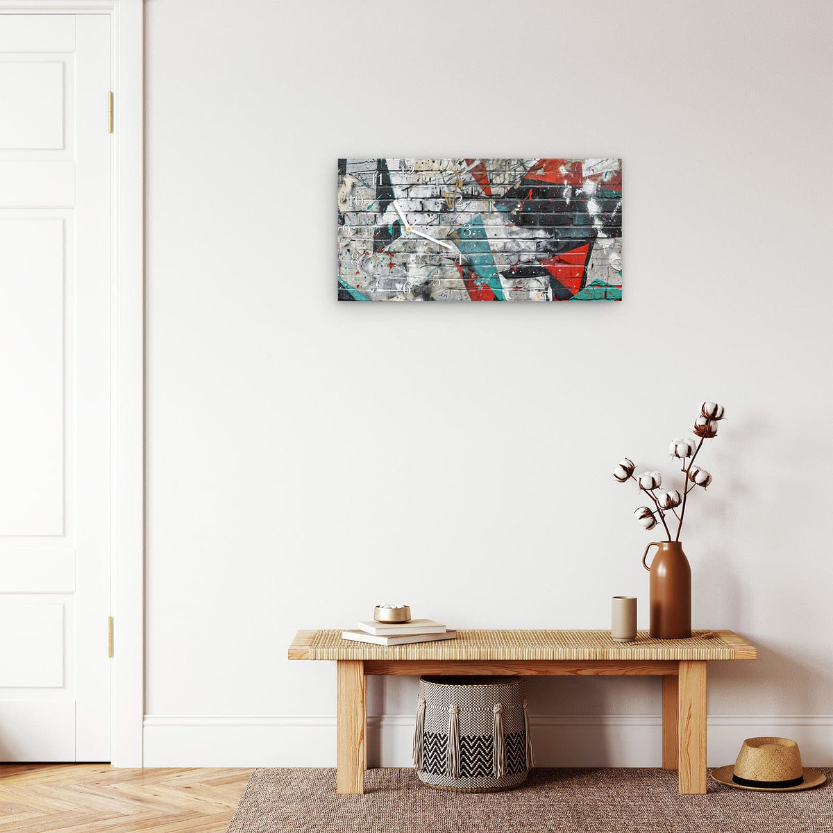 Moderne Wanduhr aus Glas mit Farbtiefe – Wanduhr Graffiti Mauer aus Glas – Querformat 60 × 30 cm