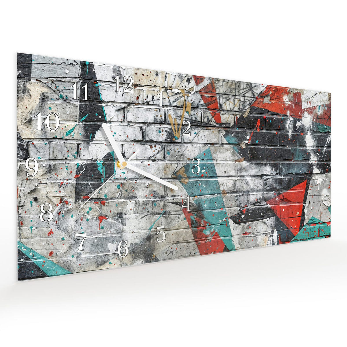 Vormontiert – mit Schwebeeffekt – Wanduhr Graffiti Mauer aus Glas – Querformat 60 × 30 cm