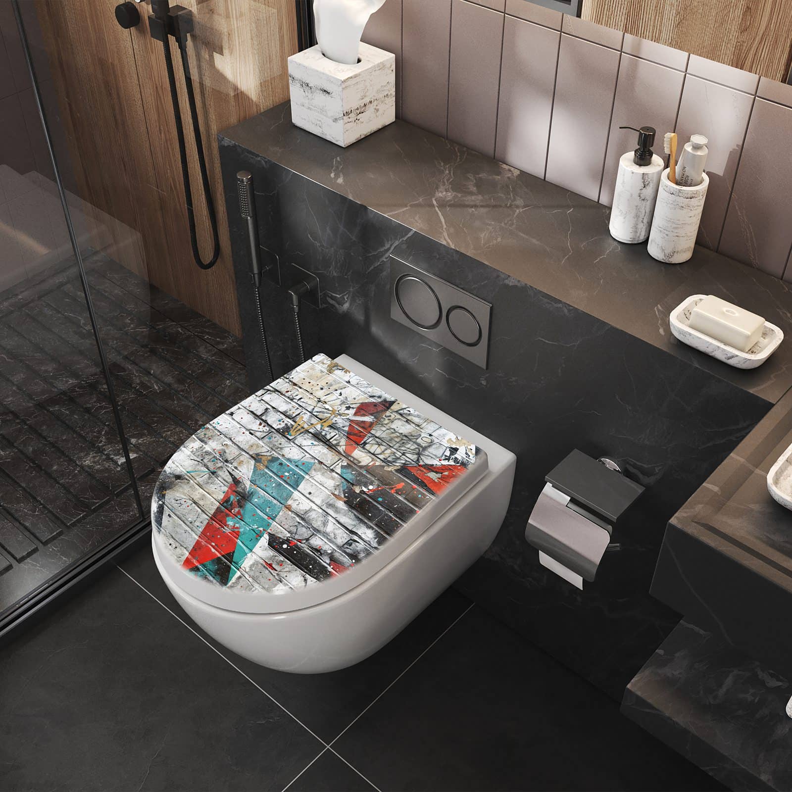 Leichter Klodeckel mit Motiv Graffiti Mauer im Badezimmer seitliche Perspektive