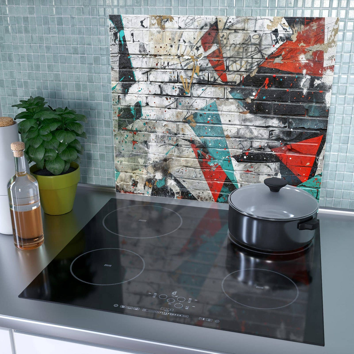 1-teilige Herdabdeckplatte mit Graffiti Mauer-Motiv als Spritzschutz hinter dem Kochfeld