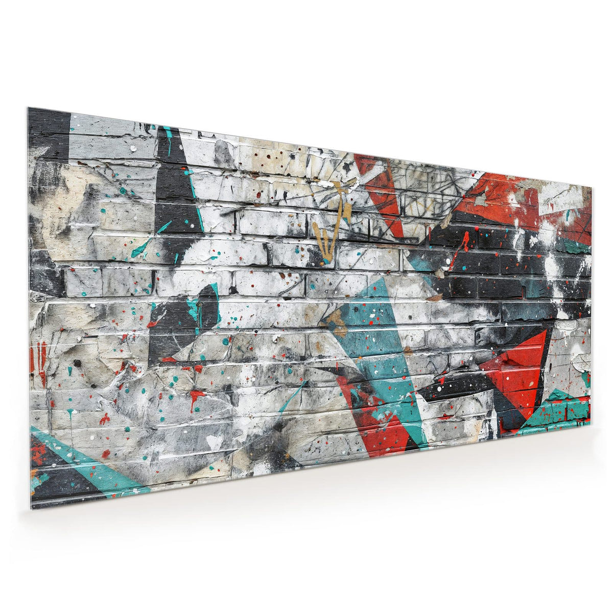 Küchenrückwand aus Glas im Hochformat mit Motiv Zickzack-Graffiti: Weiß gestrichene Backsteinmauer mit großen roten und türkisen Zackenformen und Farbspritzern