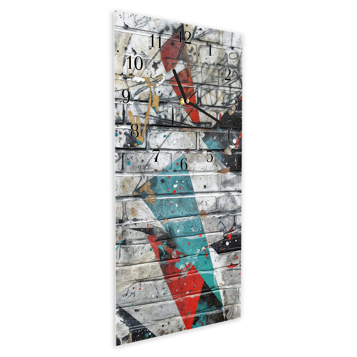 Vormontiert – mit Schwebeeffekt – Wanduhr Graffiti Mauer aus Glas – Hochformat 30 × 60 cm