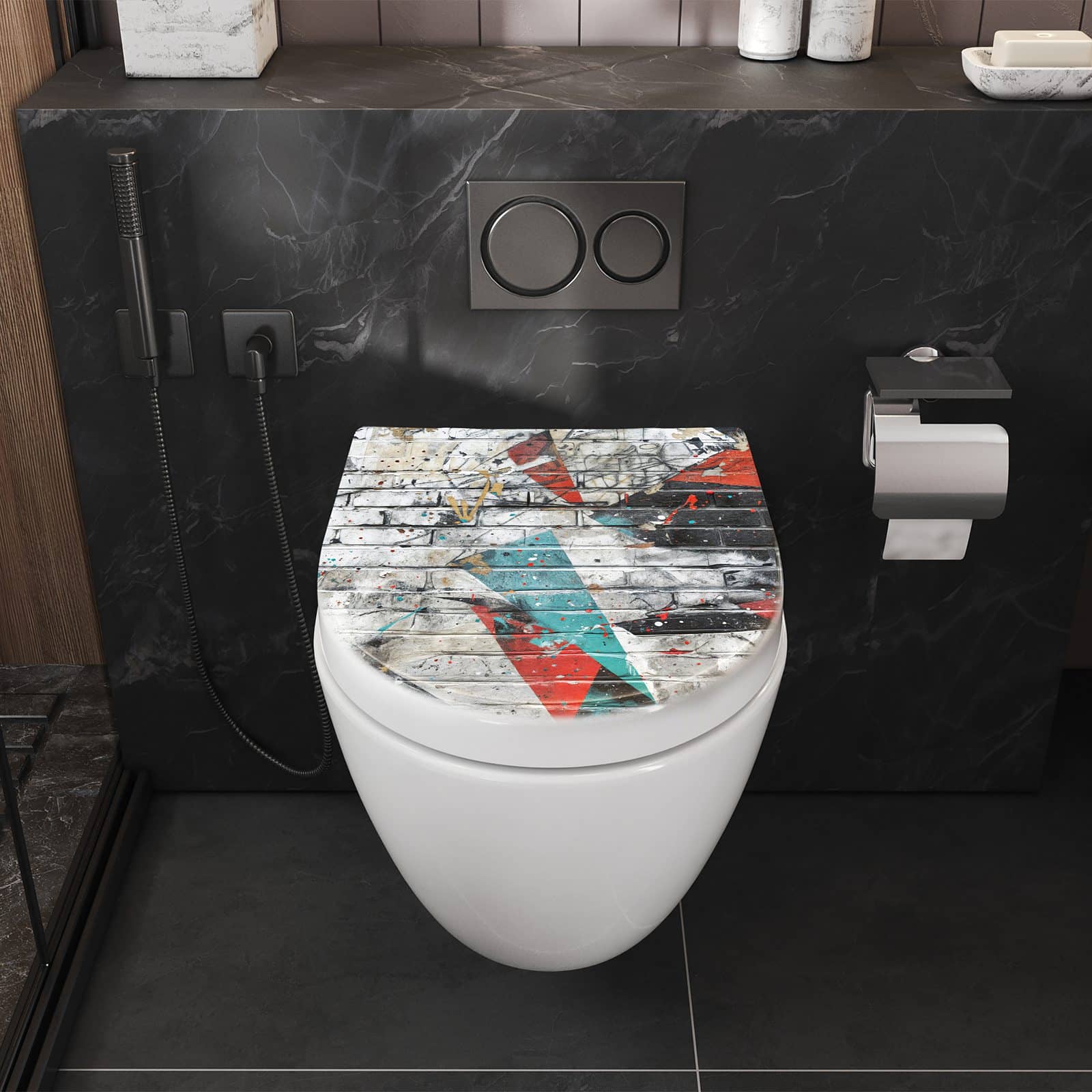 Rutschfeste Toilettenbrille mit Motiv Graffiti Mauer in Badezimmer perspektive von vorne