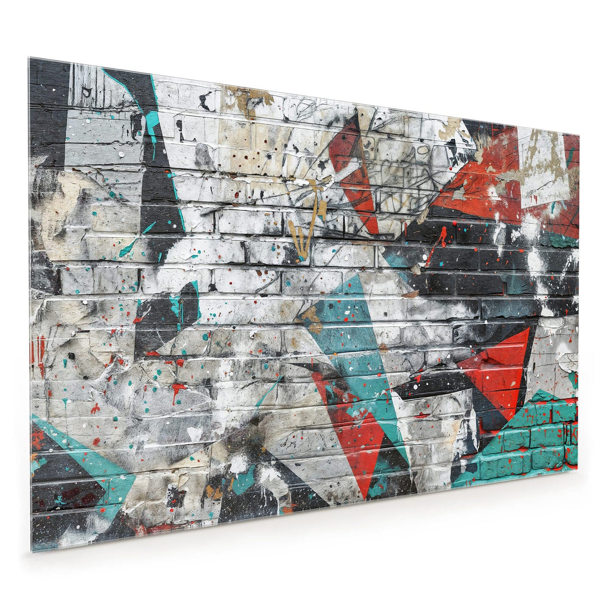 Küchenrückwand aus Glas im Hochformat mit Motiv Zickzack-Graffiti: Weiß gestrichene Backsteinmauer mit großen roten und türkisen Zackenformen und Farbspritzern