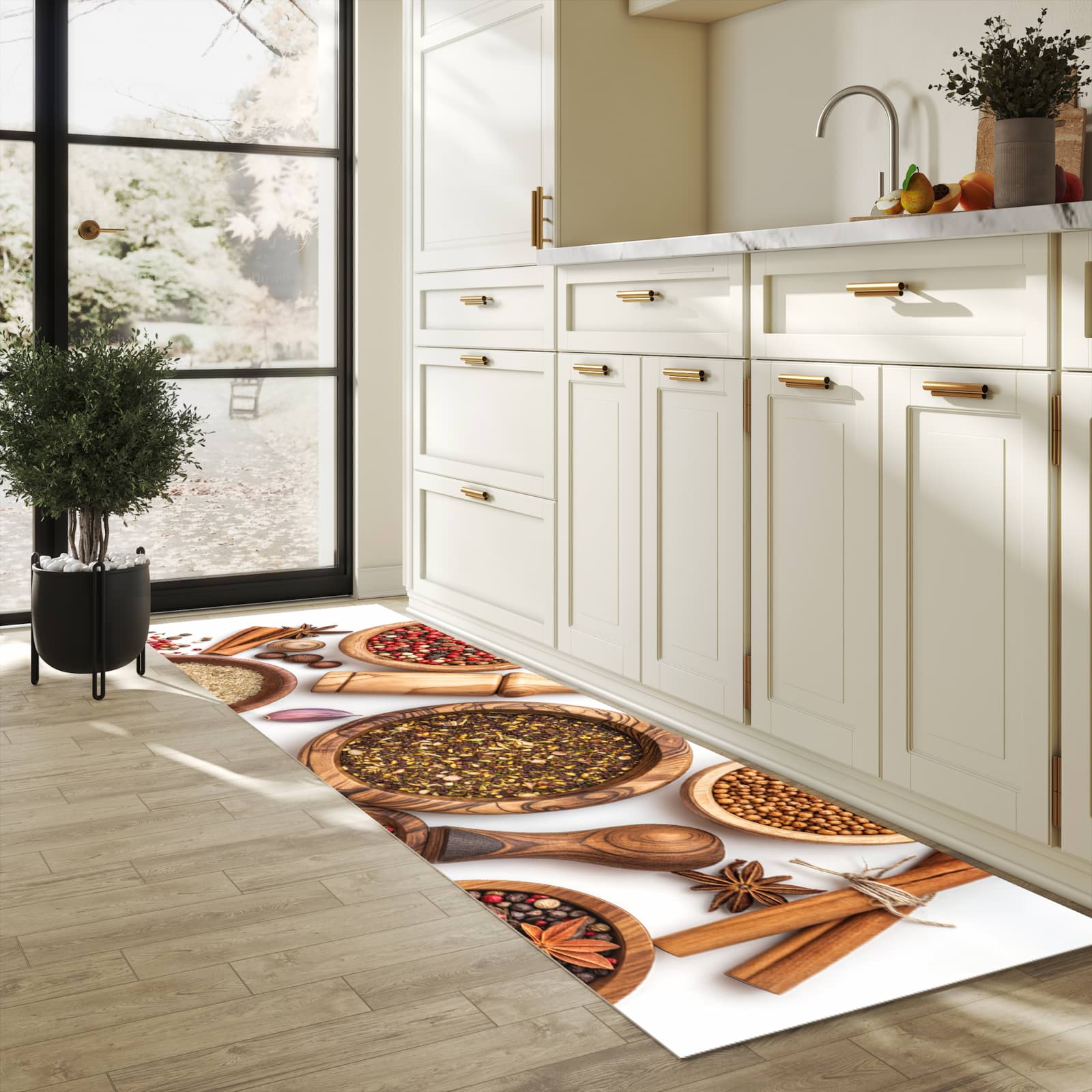 Abriebfester Küchenläufer mit Motiv Gewürzsammlung Zubehör in heller Küche