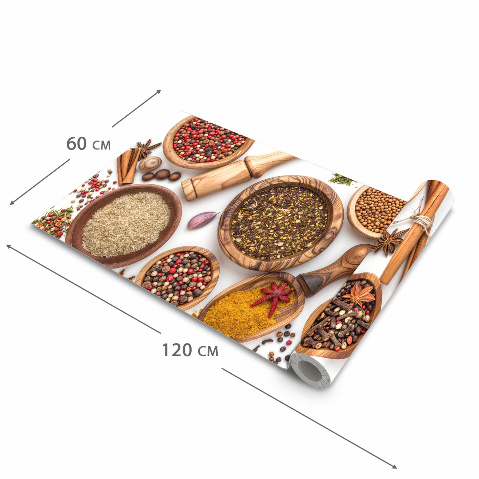 Wasserabweisender Küchenteppich mit Motiv Gewürzsammlung Zubehör in der Grösse 60x120 cm