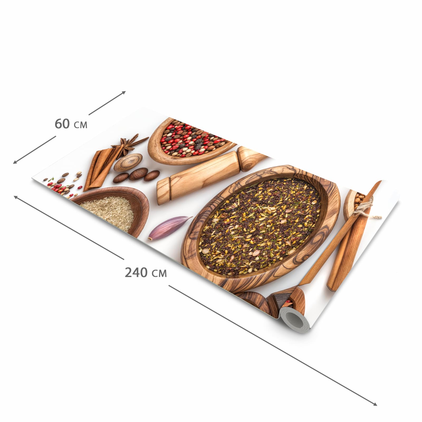 Geruchsneutraler Küchenläufer mit Motiv Gewürzsammlung Zubehör in der Grösse 60x120 cm