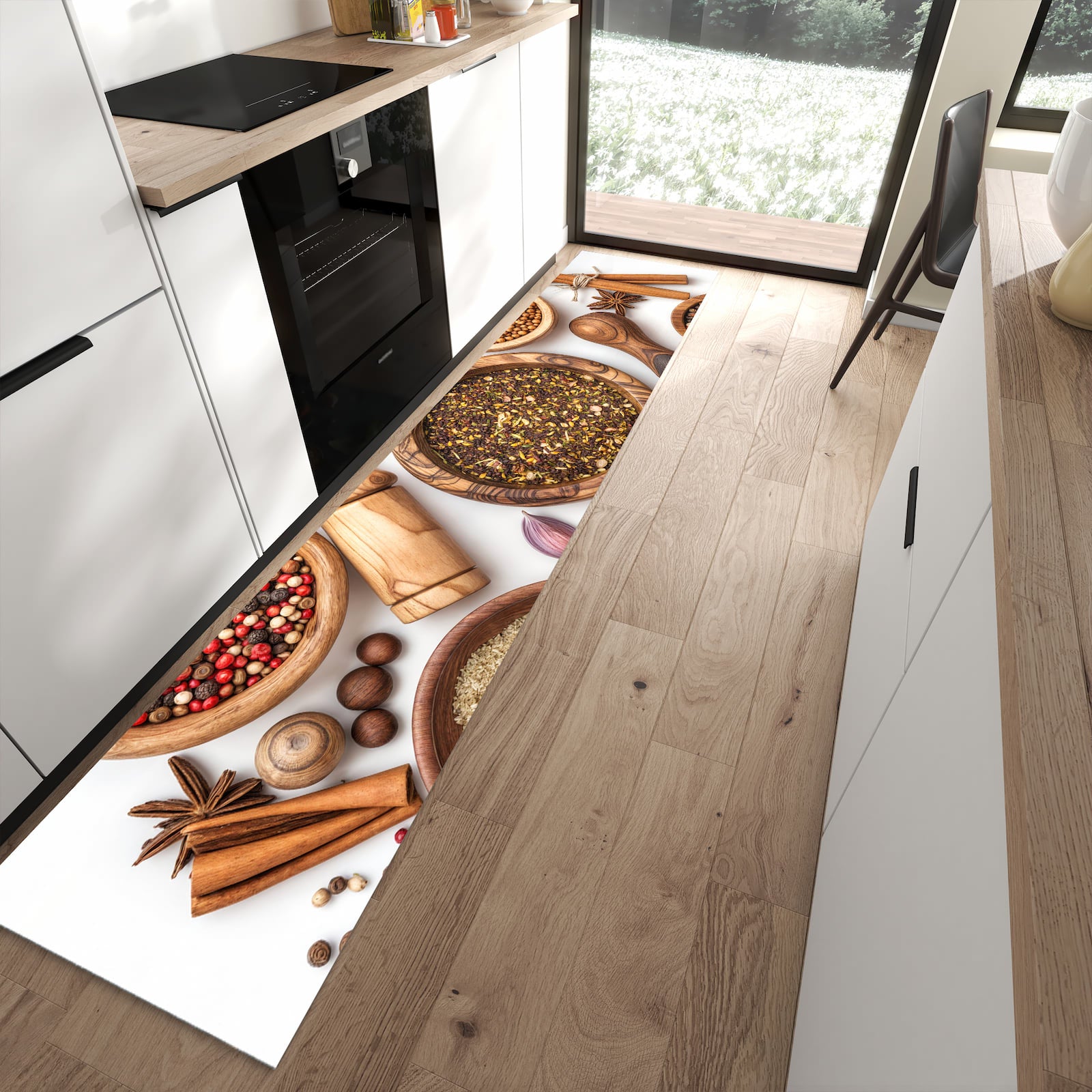 Waschbarer dünner Küchenteppich mit Motiv Gewürzsammlung Zubehör in moderner Küche