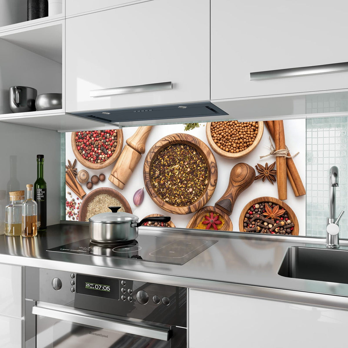 Küchenrückwand aus Glas Gewürze und Mörser im Hochformat als Spritzschutz hinter dem Kochfeld, über dem Fliesenspiegel montiert
