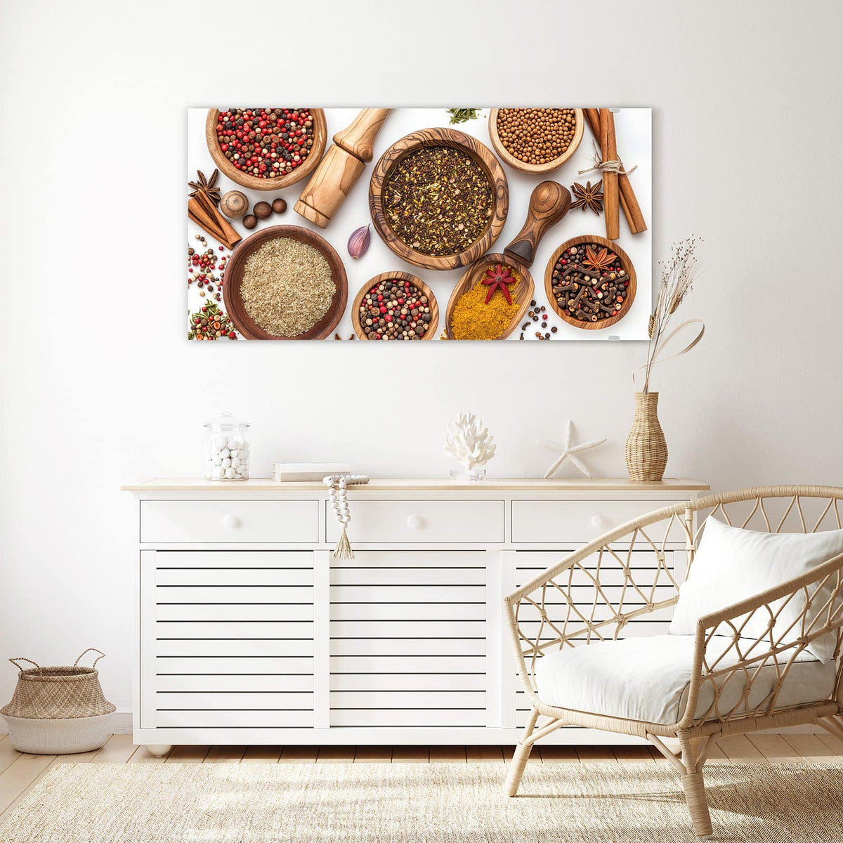 Echtglas, 4 mm – kein Acryl, keine Folie – Wandbild - Gewürze und Mörser - Querformat