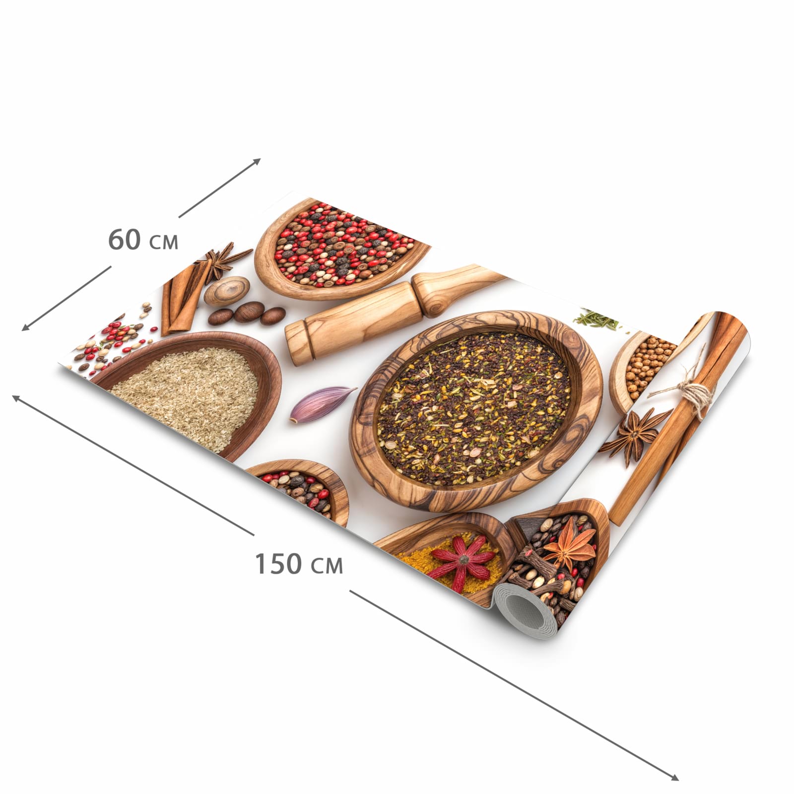 Fleckenresistenter Küchenteppich mit Motiv Gewürzsammlung Zubehör in der Grösse 60x120 cm