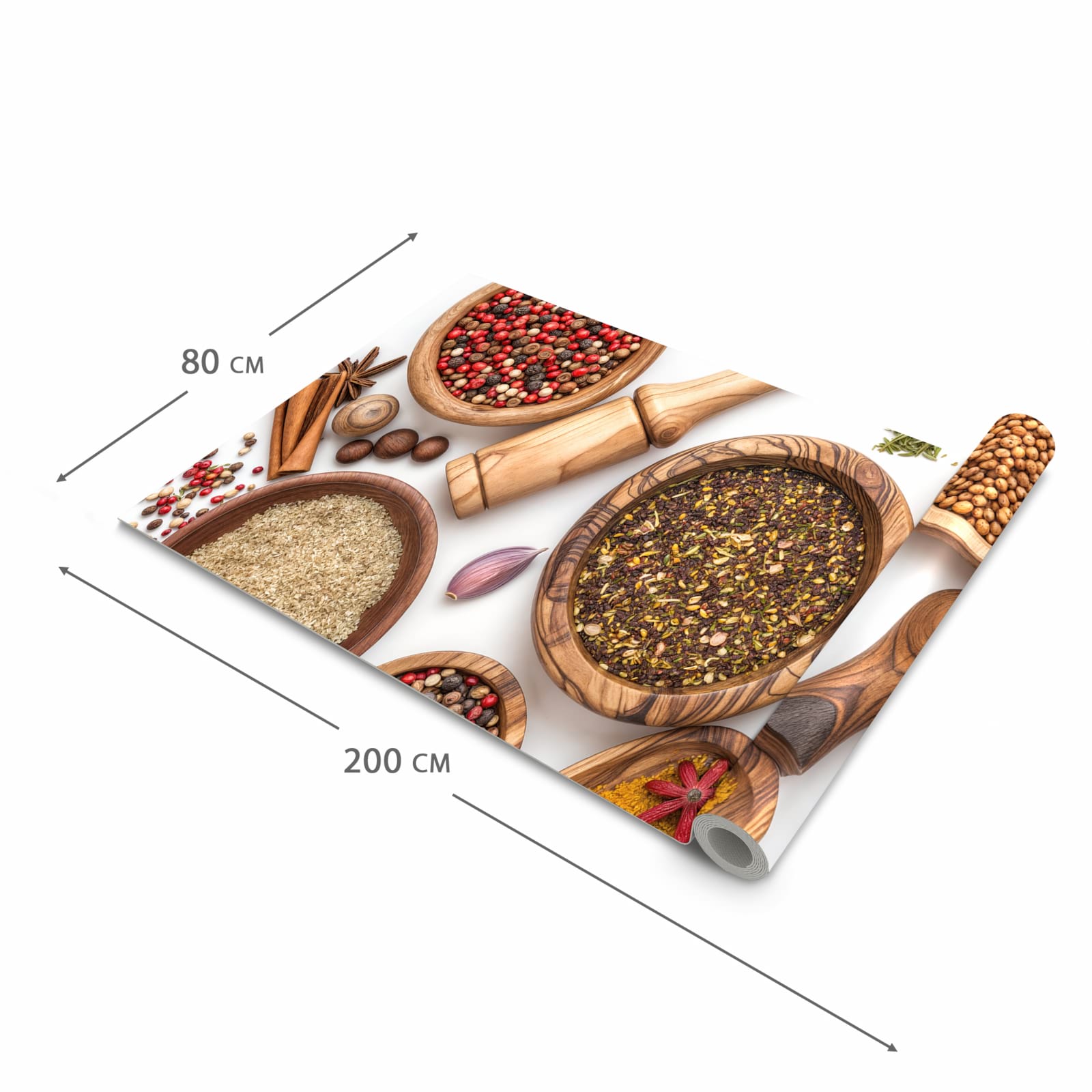 Komfortabler waschbarer Küchenteppich mit Motiv Gewürzsammlung Zubehör in der Grösse 60x150 cm