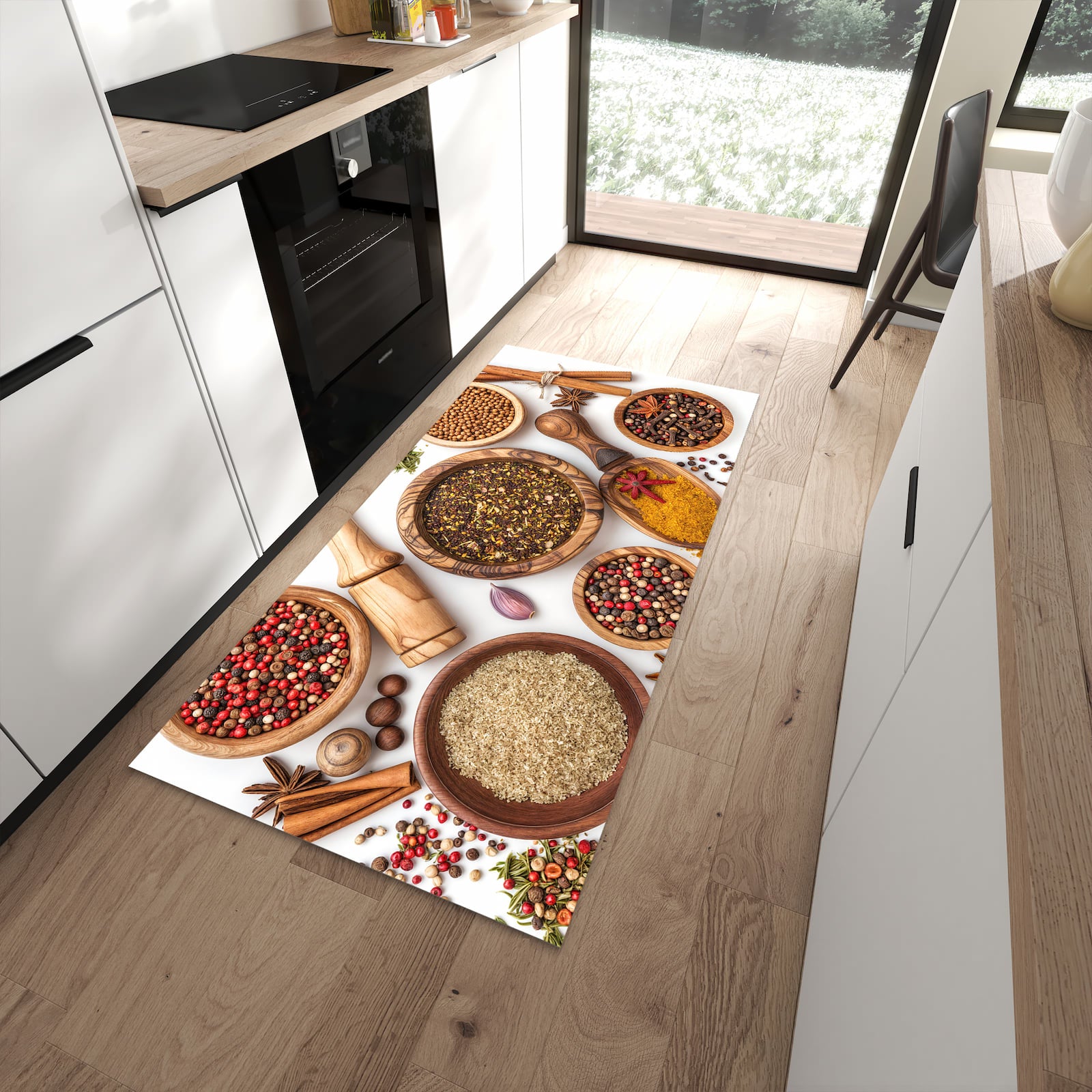 Pflegeleichter Küchenteppich mit Motiv Gewürzsammlung Zubehör in moderner Küche