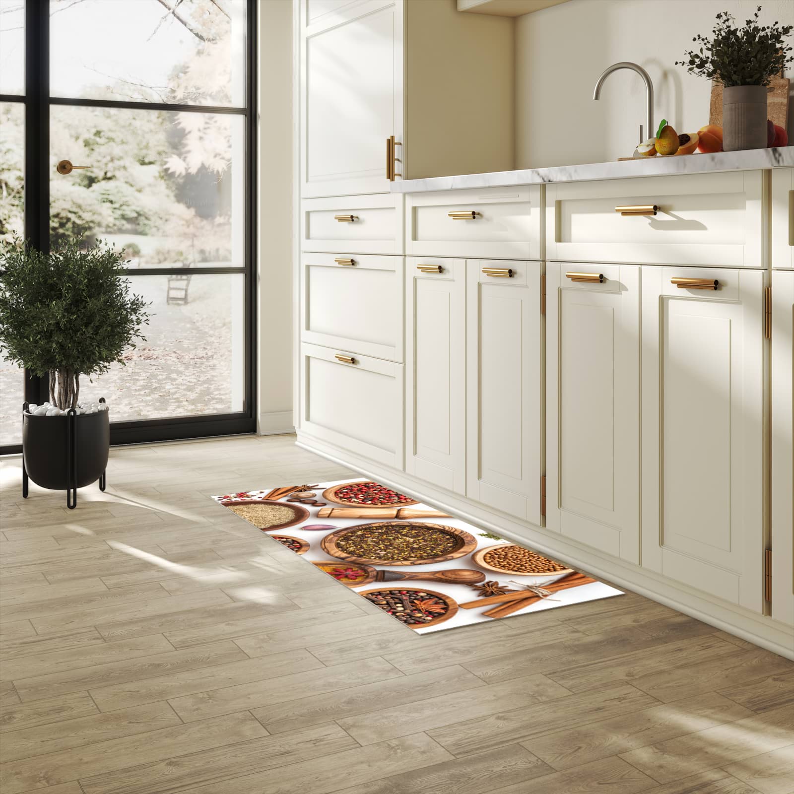 Feuchtigkeitsresistenter Küchenteppich mit Motiv Gewürzsammlung Zubehör in heller Küche