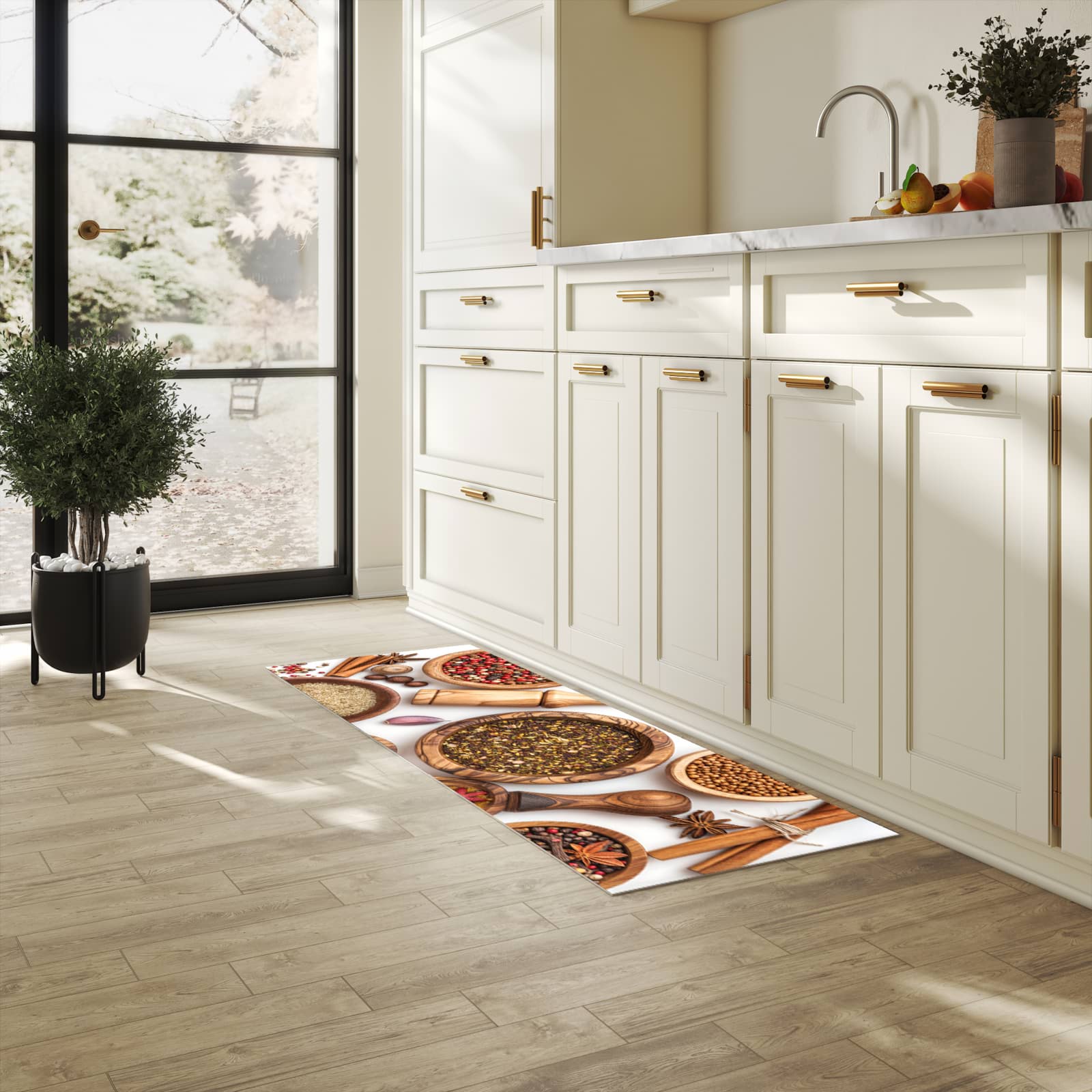 Bodenschonender Küchenteppich mit Motiv Gewürzsammlung Zubehör in heller Küche