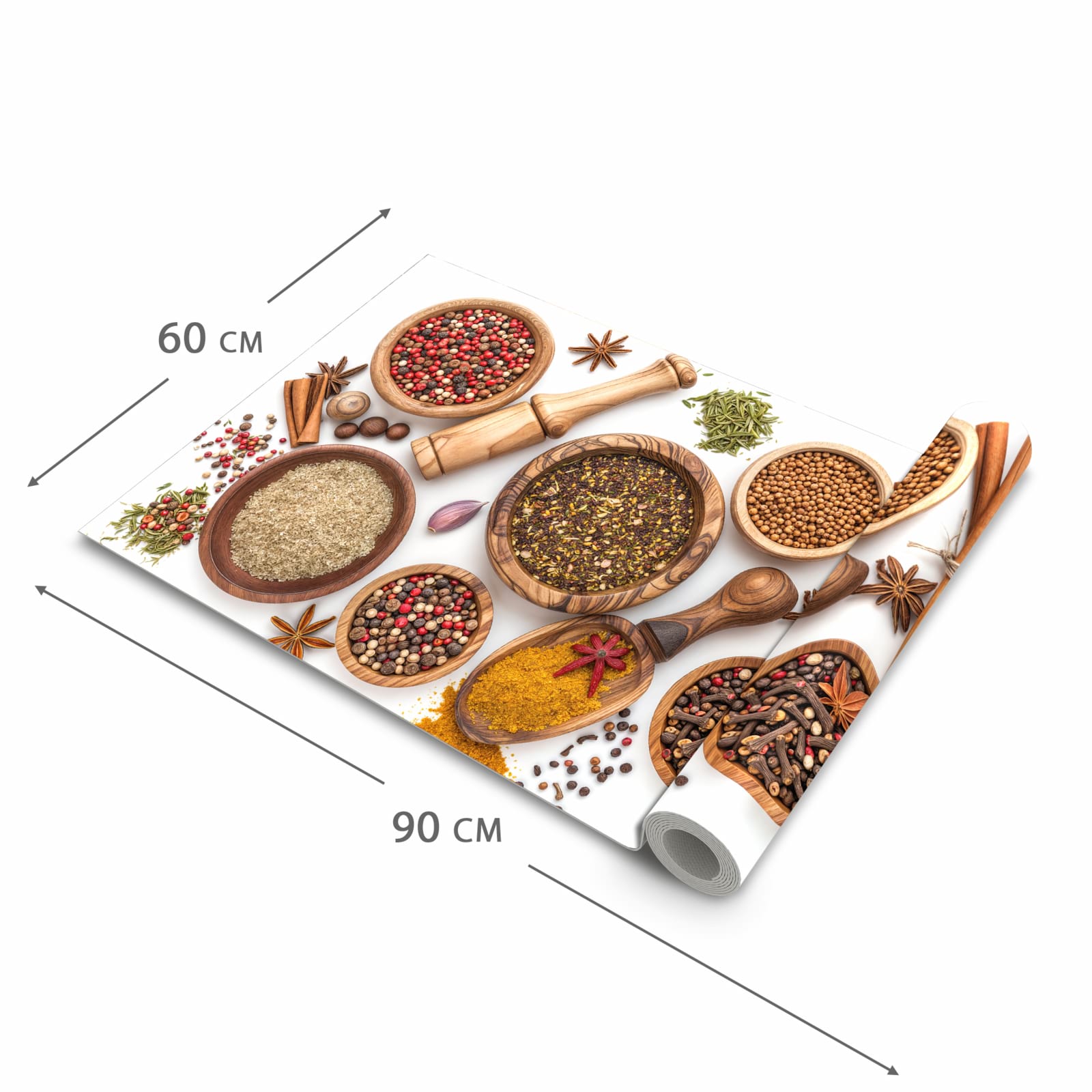 Pflegeleichter Küchenvorleger mit Motiv Gewürzsammlung Zubehör in der Größe 60x150 cm