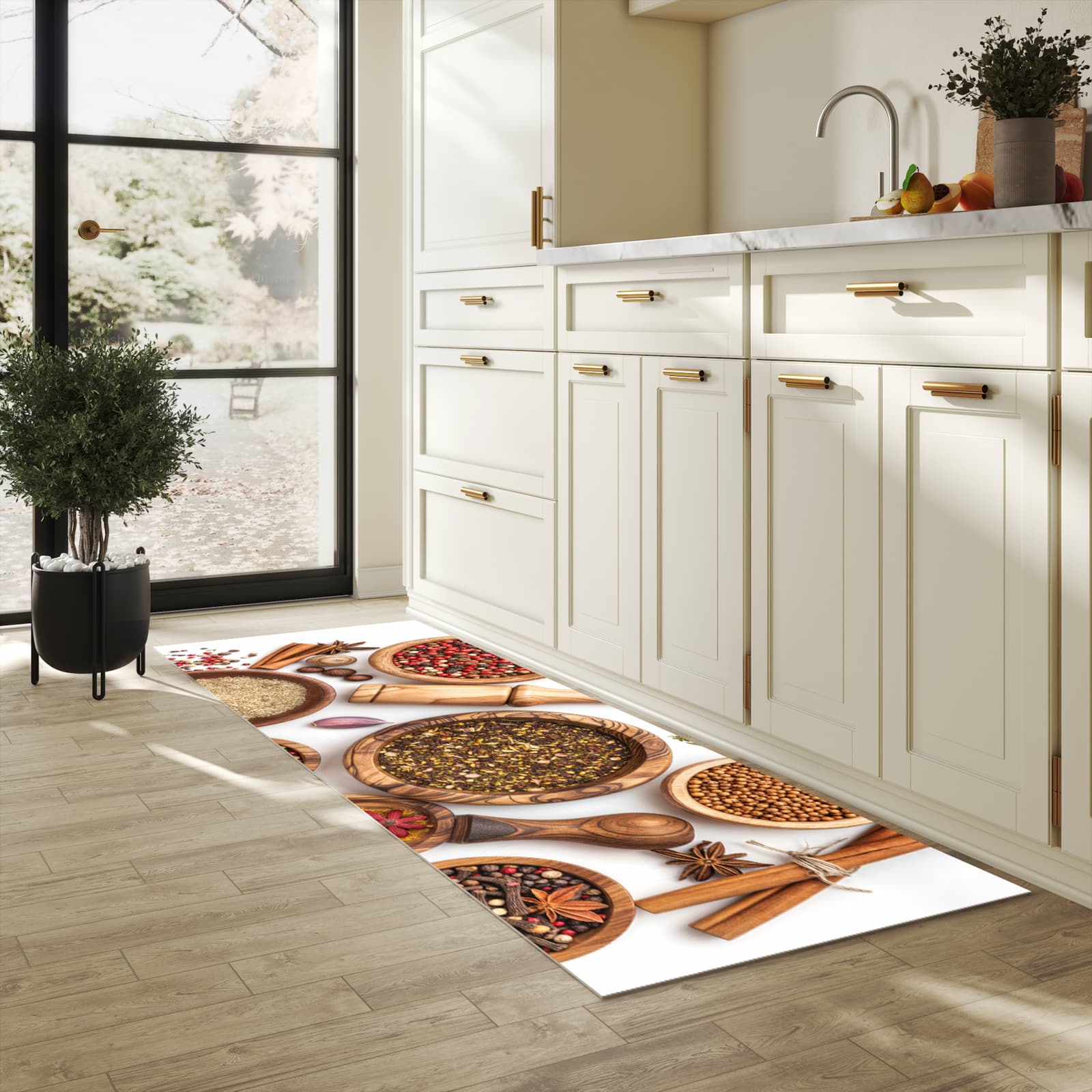 Zeitsparender waschbarer Küchenteppich mit Motiv Gewürzsammlung Zubehör in heller Küche