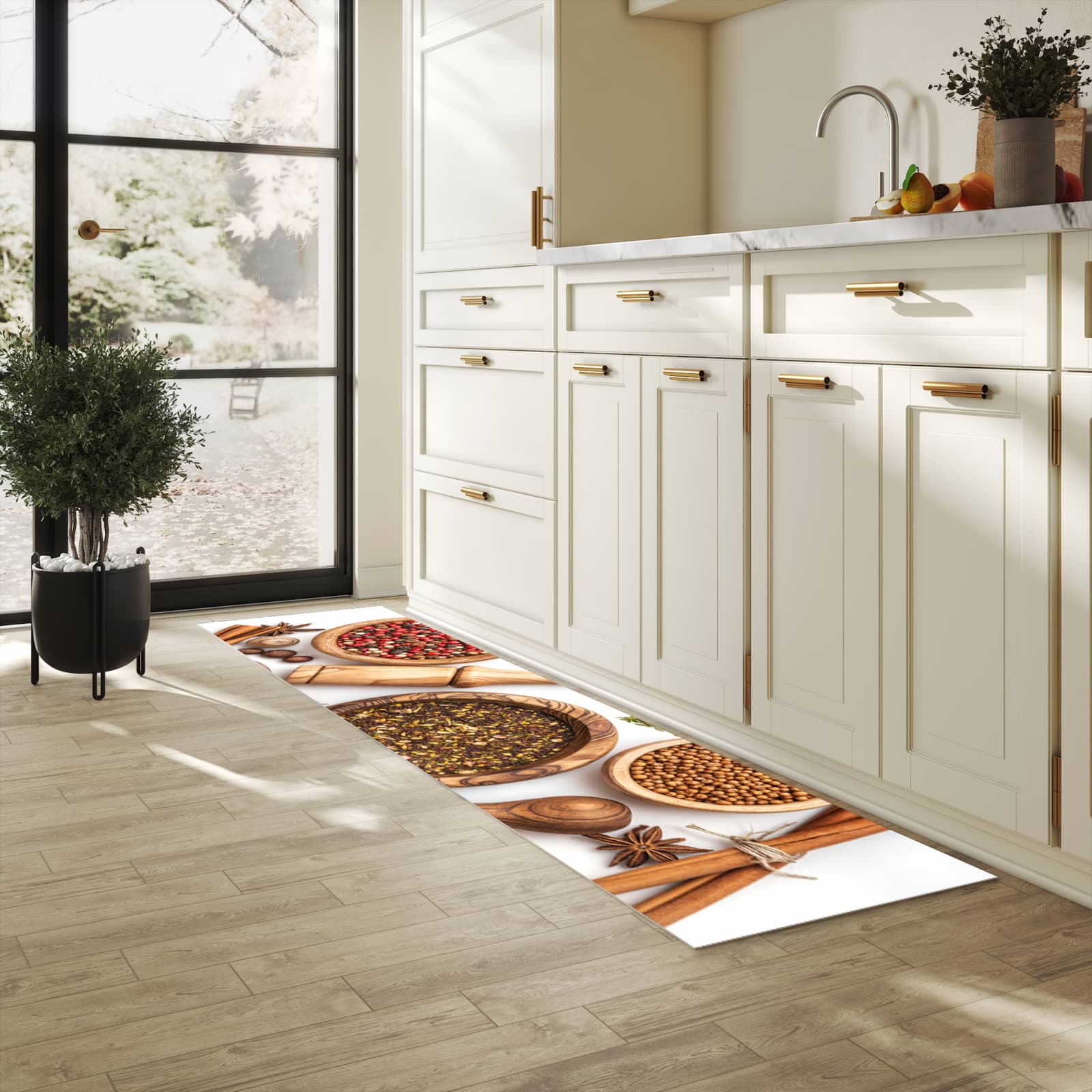 Bodenschonender Läufer für die Küche mit Motiv Gewürzsammlung Zubehör in heller Küche