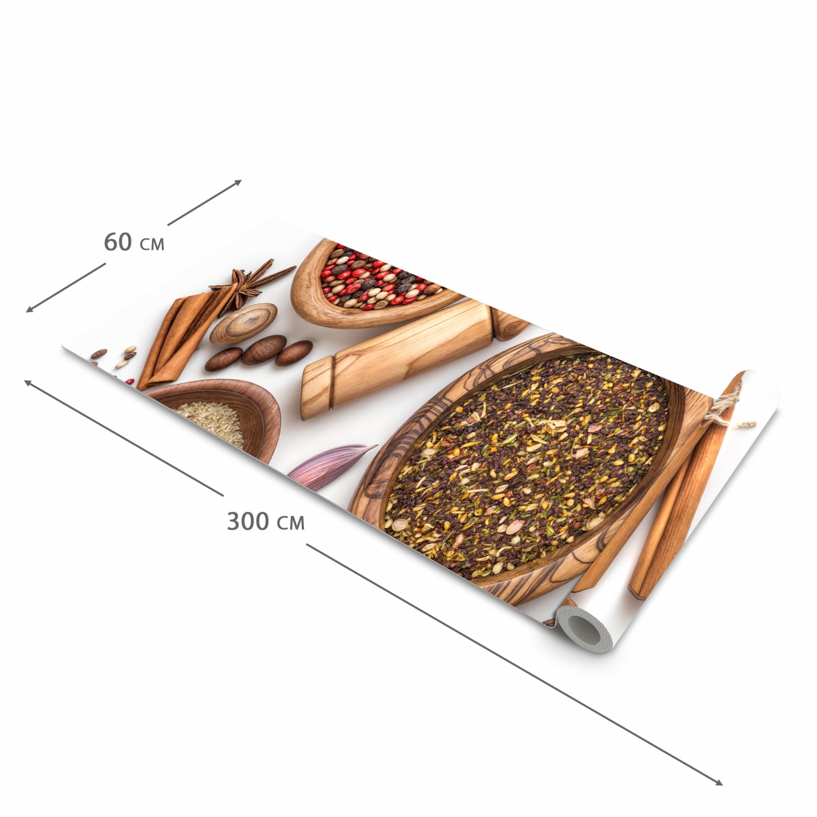 Flacher Küchenteppich mit Motiv Gewürzsammlung Zubehör in der Grösse 60x150 cm
