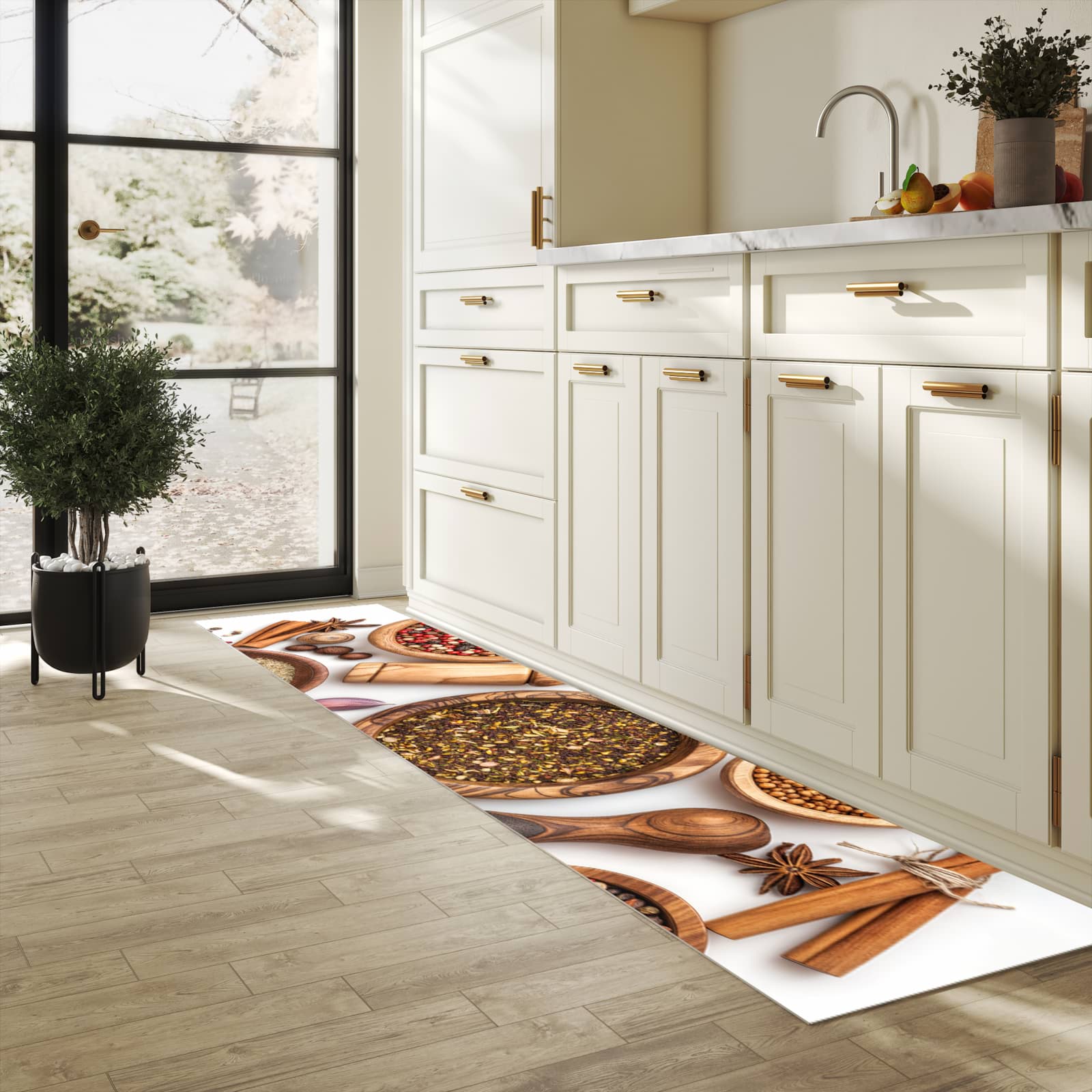 Farbbeständiger Küchenläufer mit Motiv Gewürzsammlung Zubehör in heller Küche