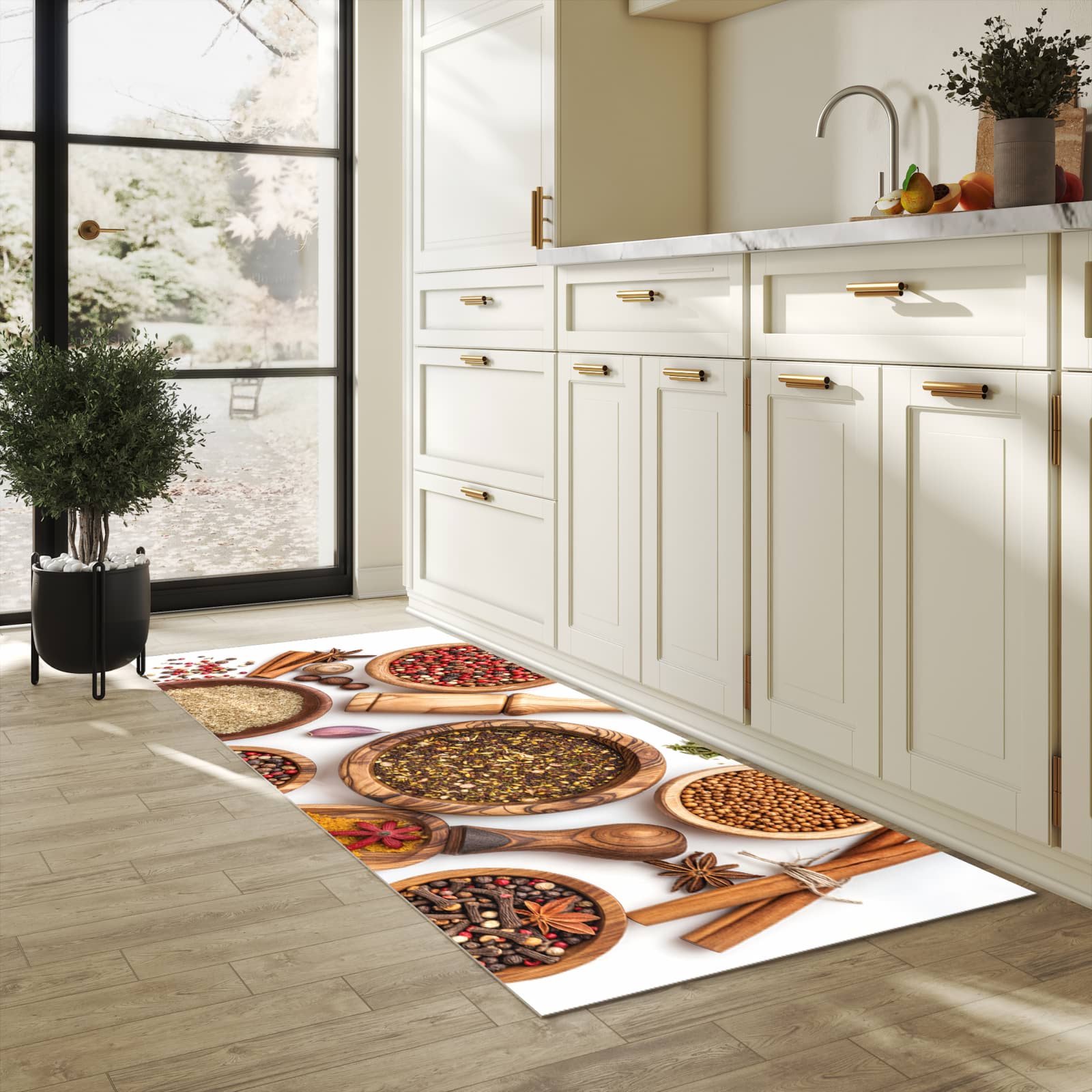 Waschbarer Küchenläufer mit Motiv Gewürzsammlung Zubehör für Trittkomfort in heller Küche