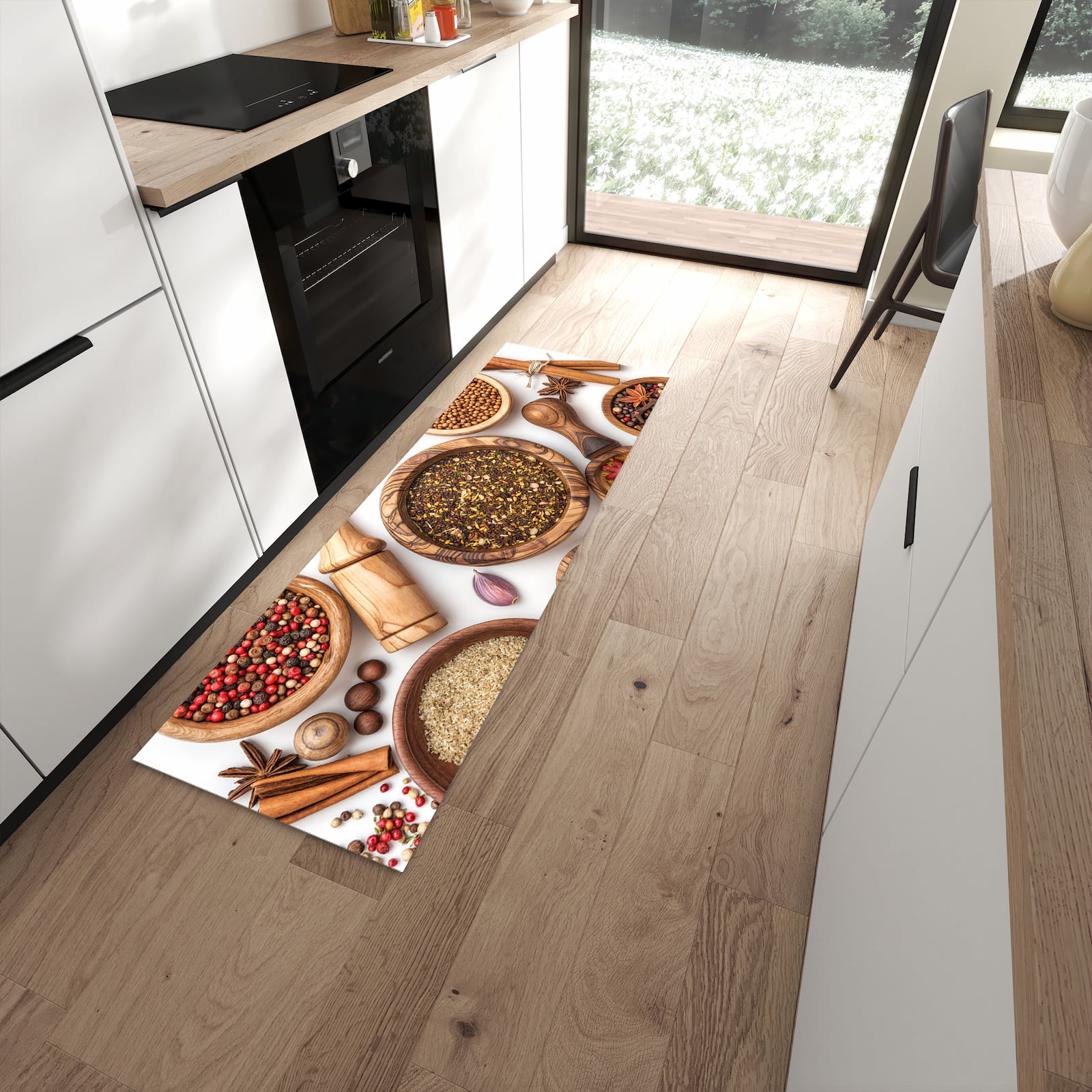 Abriebfester rutschfester Läufer mit Motiv Gewürzsammlung Zubehör in moderner Küche