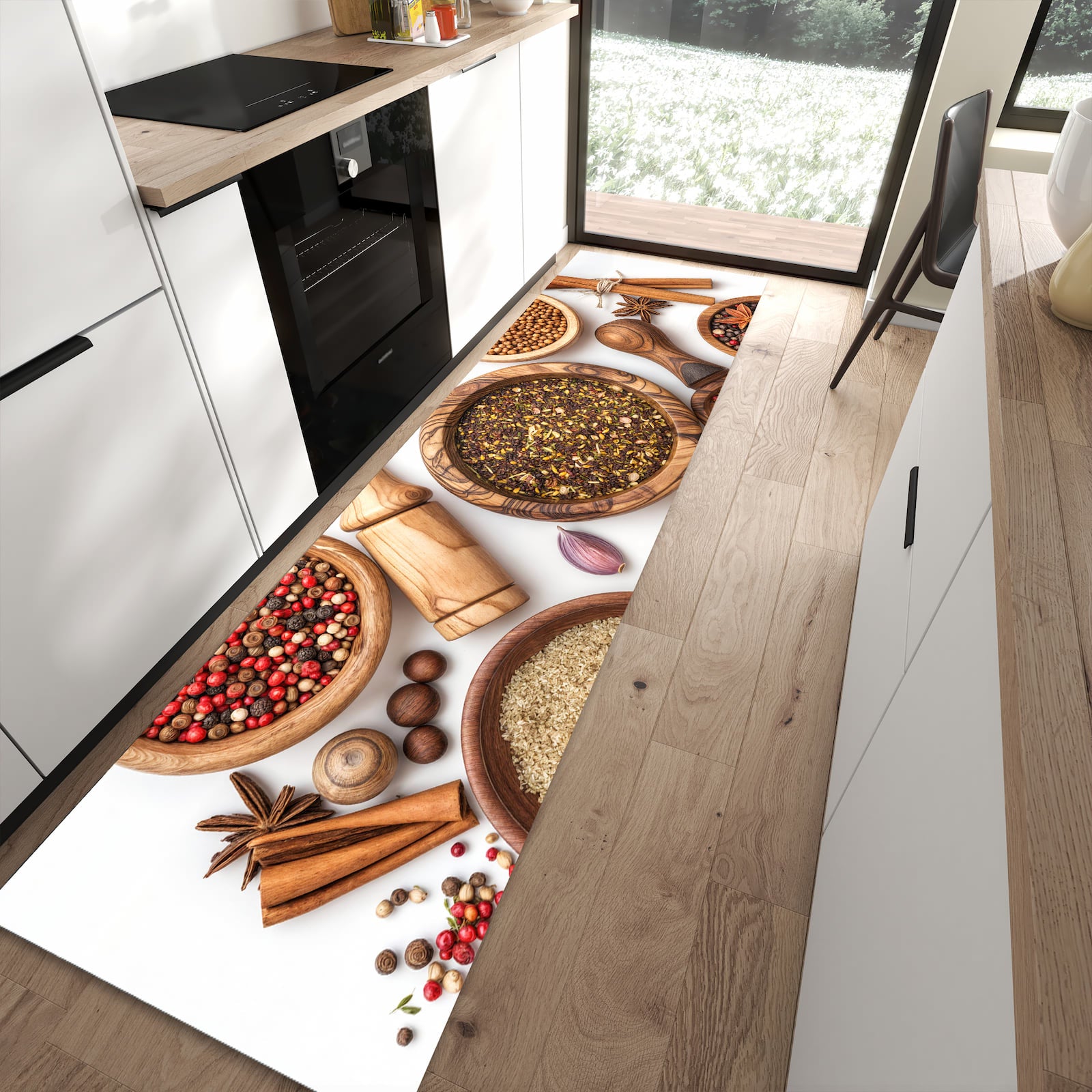 Flacher Bodenläufer mit Motiv Gewürzsammlung Zubehör in moderner Küche