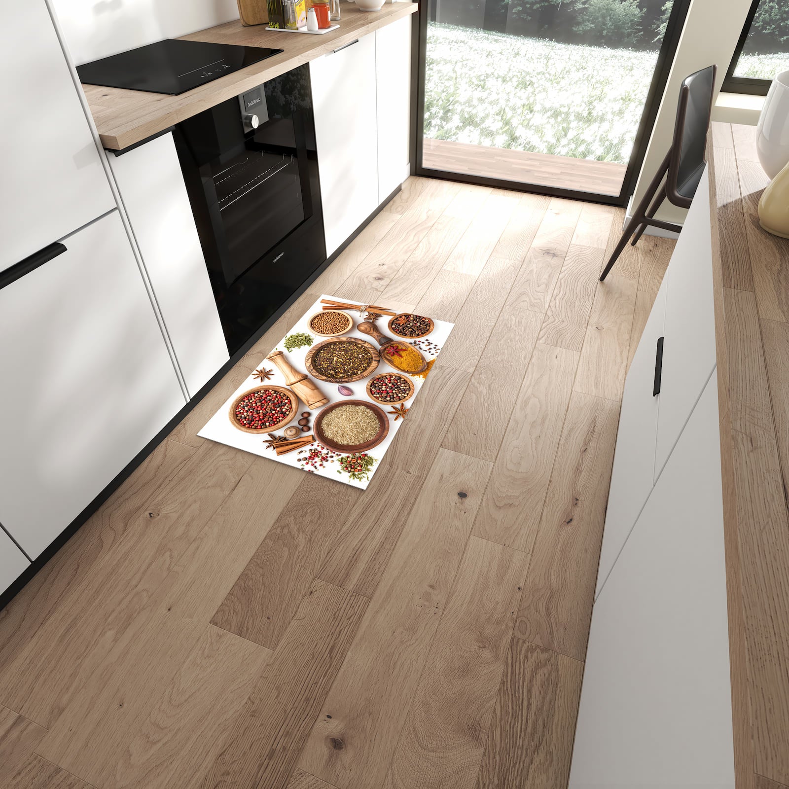 Fleckenresistenter waschbarer Teppich mit Motiv Gewürzsammlung Zubehör in moderner Küche