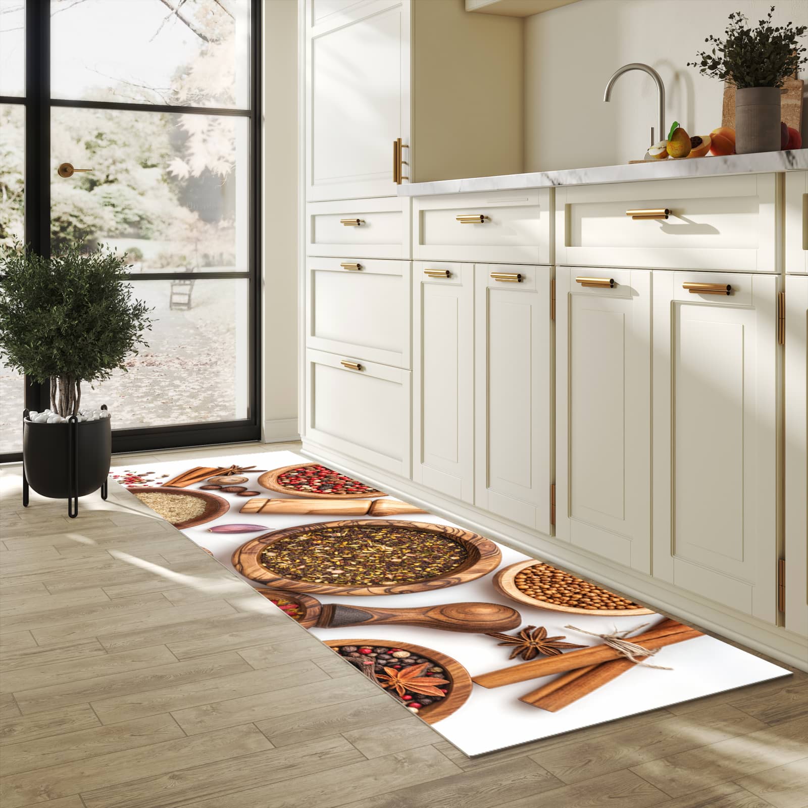 Geräuschdämpfender Küchenläufer mit Motiv Gewürzsammlung Zubehör in heller Küche