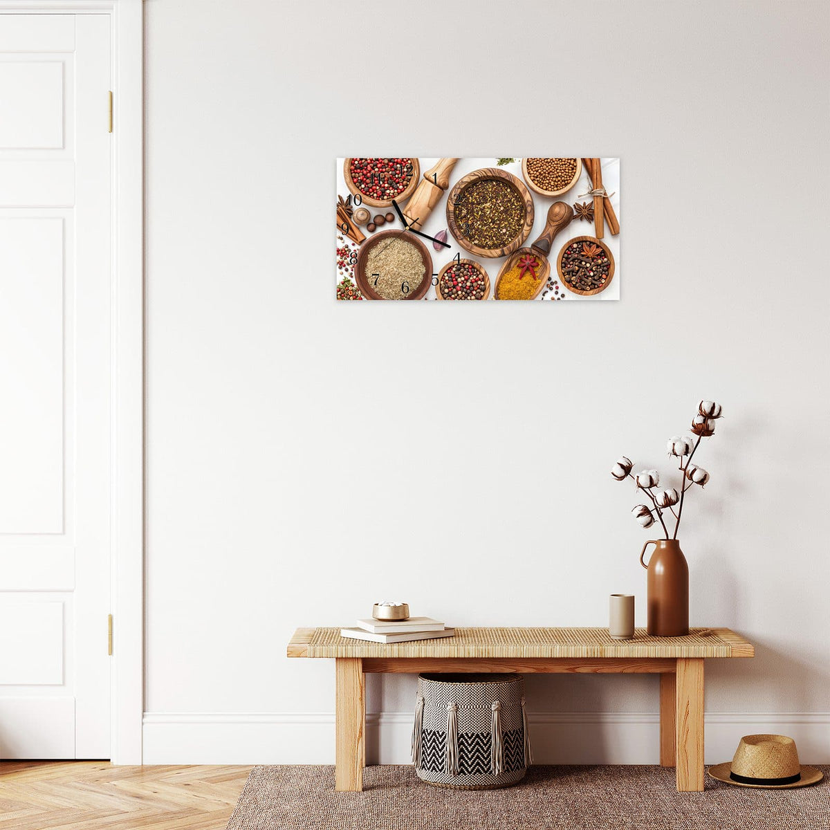 Moderne Wanduhr aus Glas mit Farbtiefe – Wanduhr Gewürzsammlung Zubehör aus Glas – Querformat 60 × 30 cm