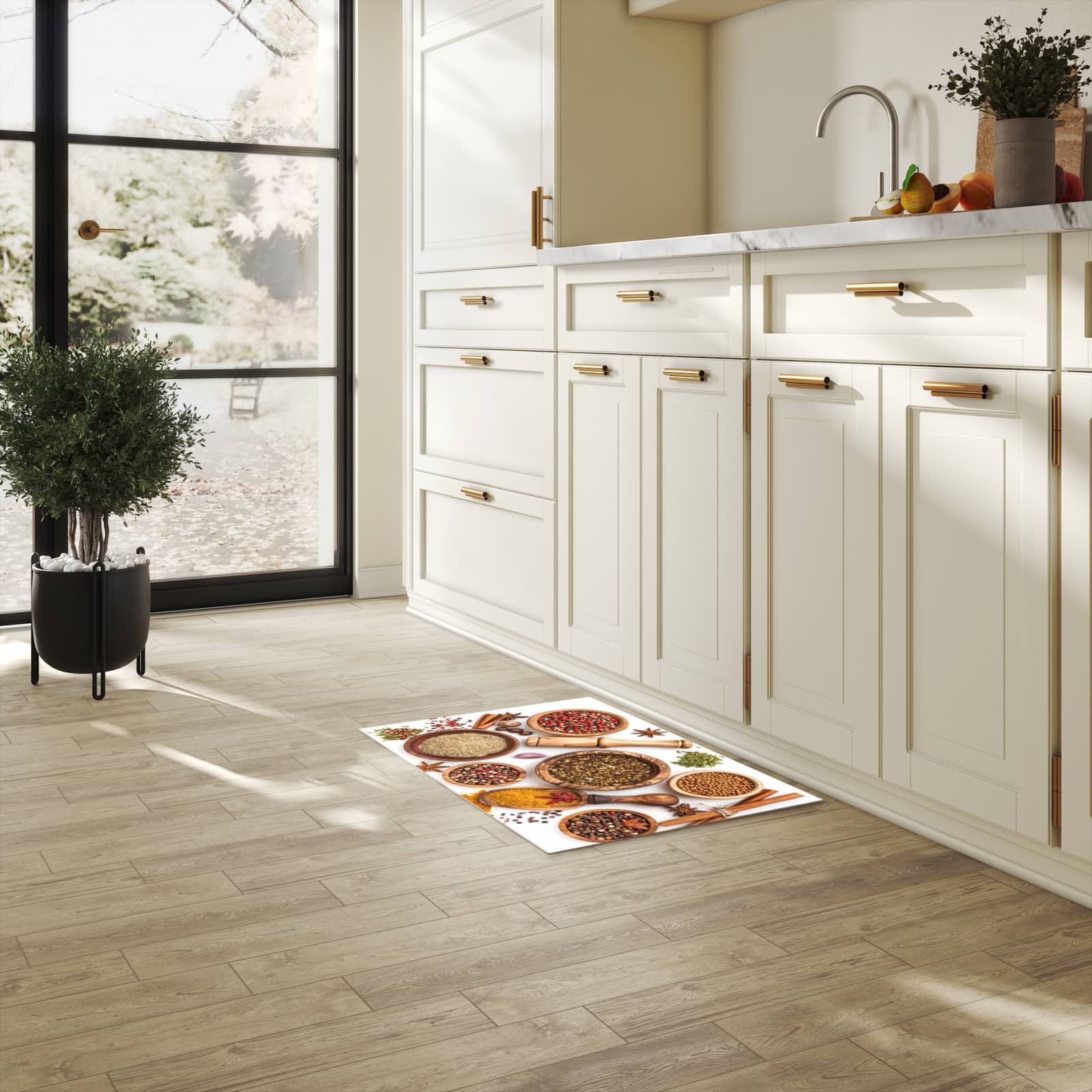 Formstabiler Küchenläufer mit Motiv Gewürzsammlung Zubehör in heller Küche