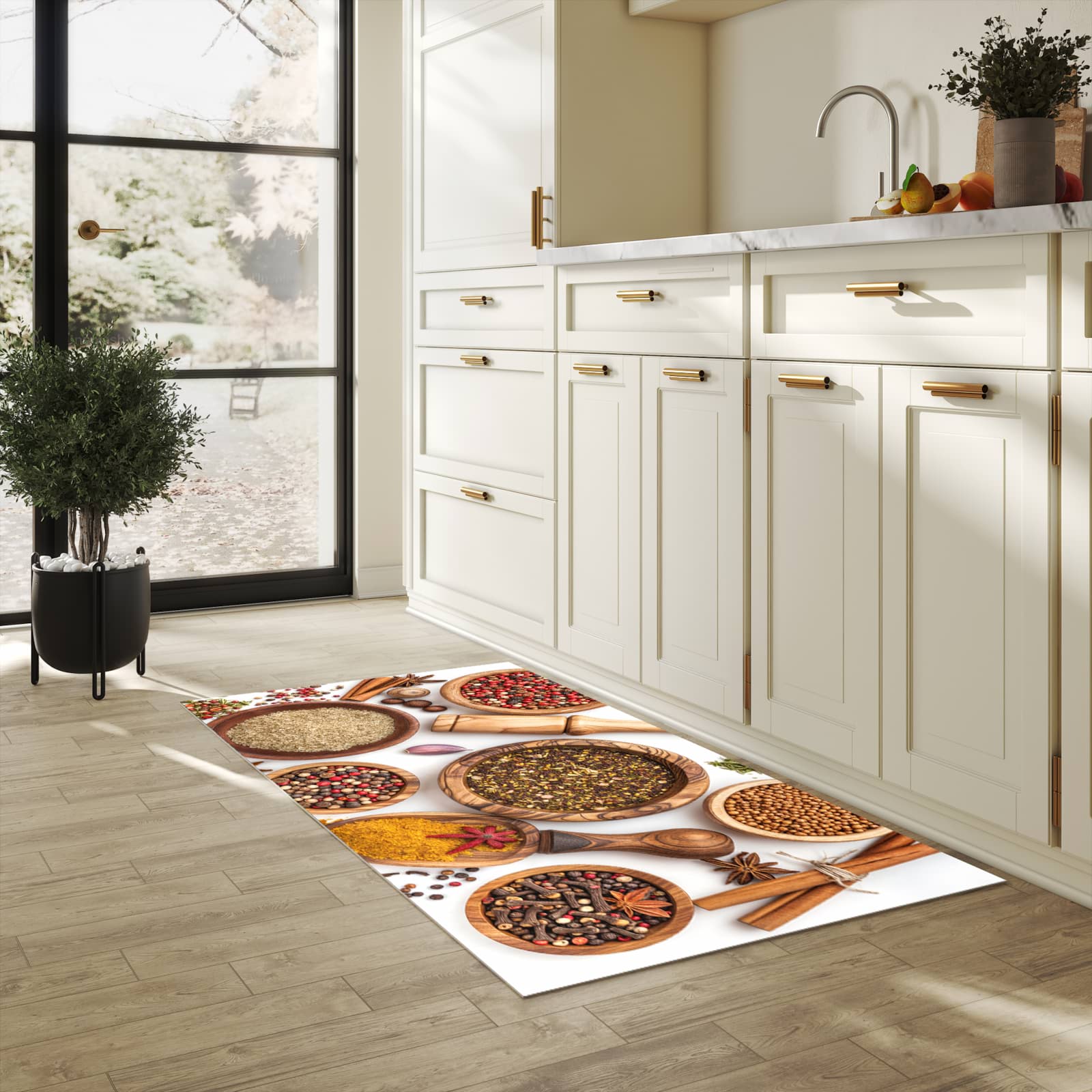 UV-beständiger Teppichläufer mit Motiv Gewürzsammlung Zubehör in heller Küche