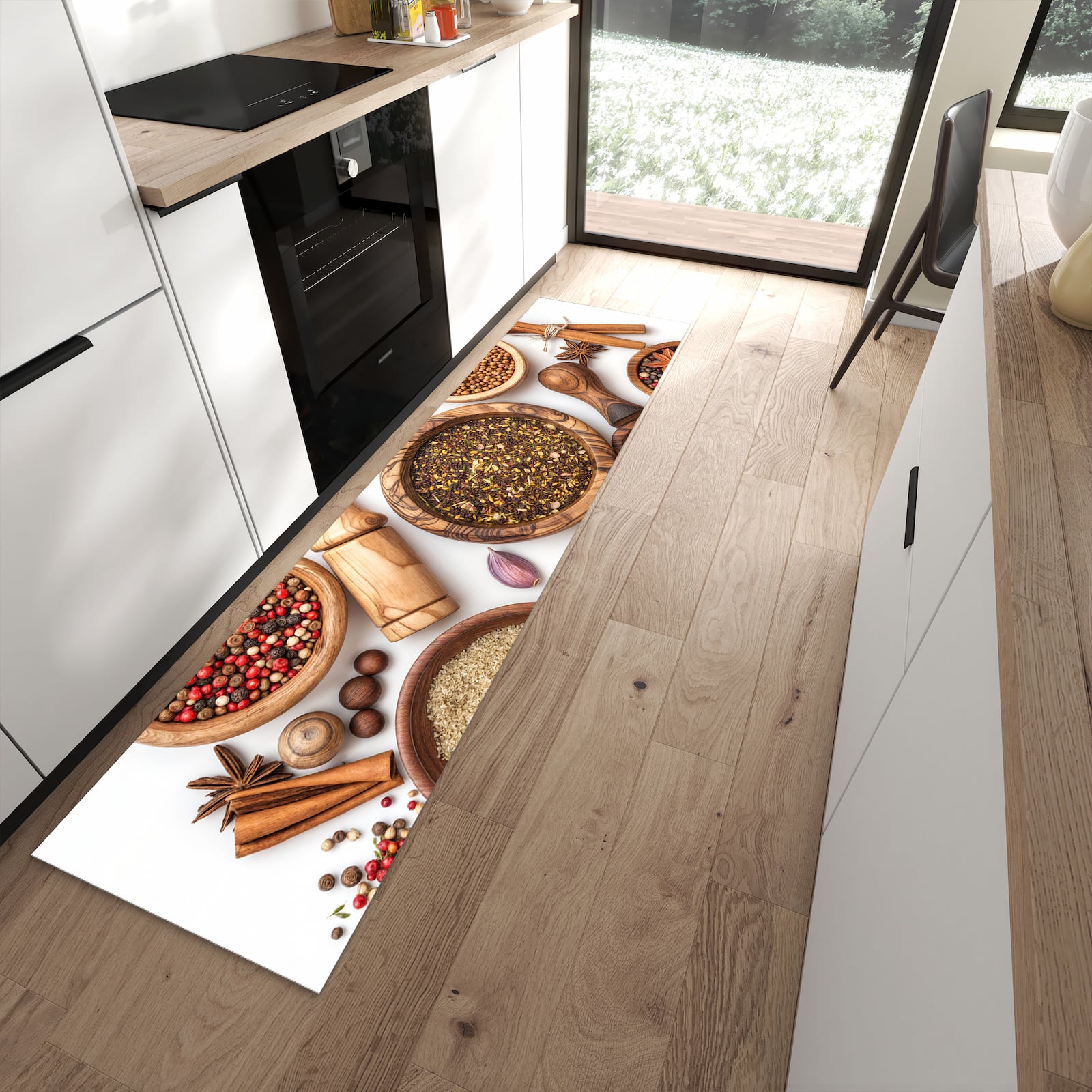 UV-beständiger dünner Teppich mit Motiv Gewürzsammlung Zubehör in moderner Küche