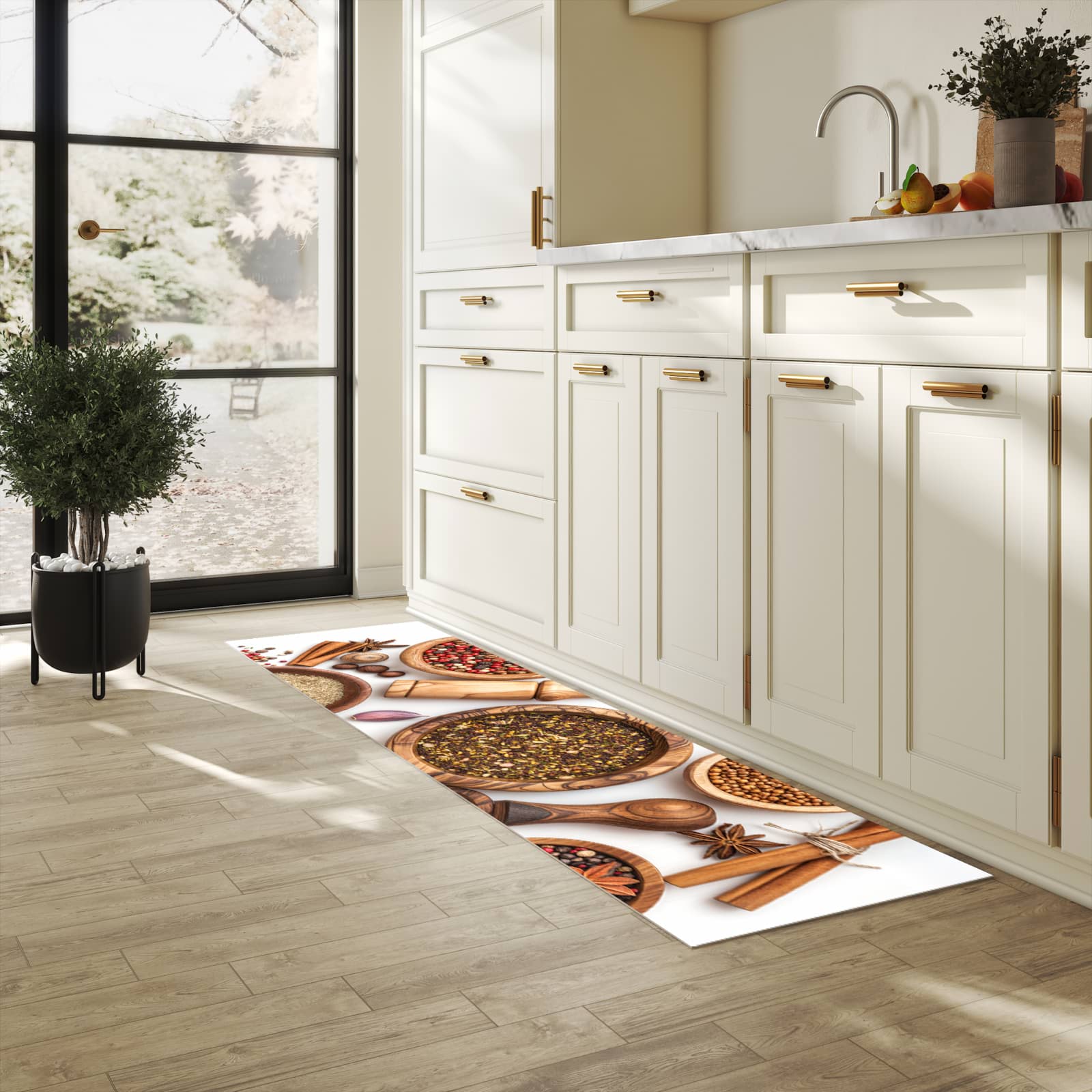 Läufer für die Küche mit Motiv Gewürzsammlung Zubehör in heller Küche für Ordnung