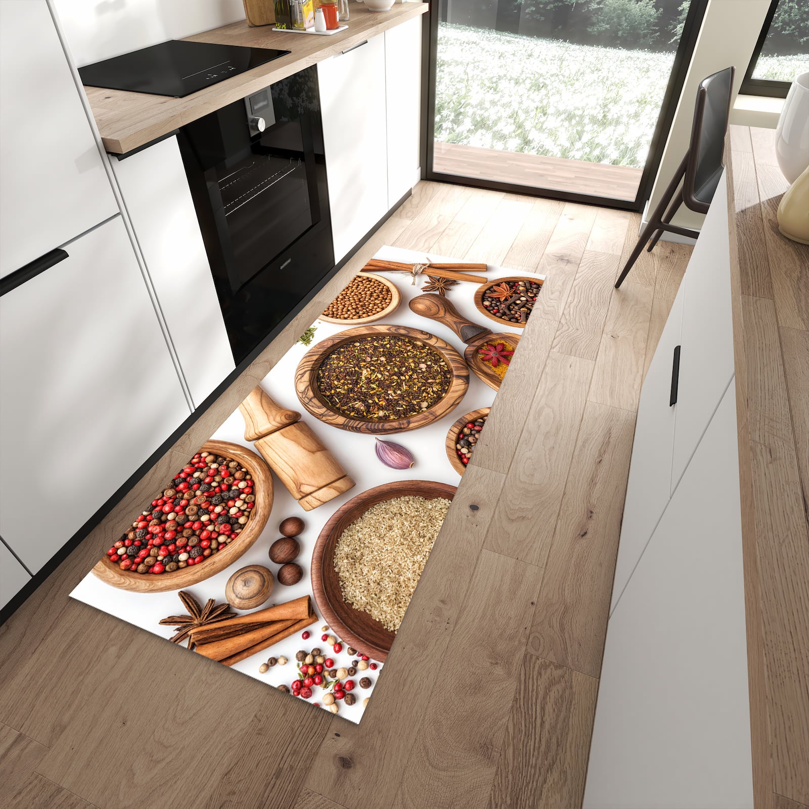 Schmutzabweisender Teppich für Esstisch mit Motiv Gewürzsammlung Zubehör in moderner Küche