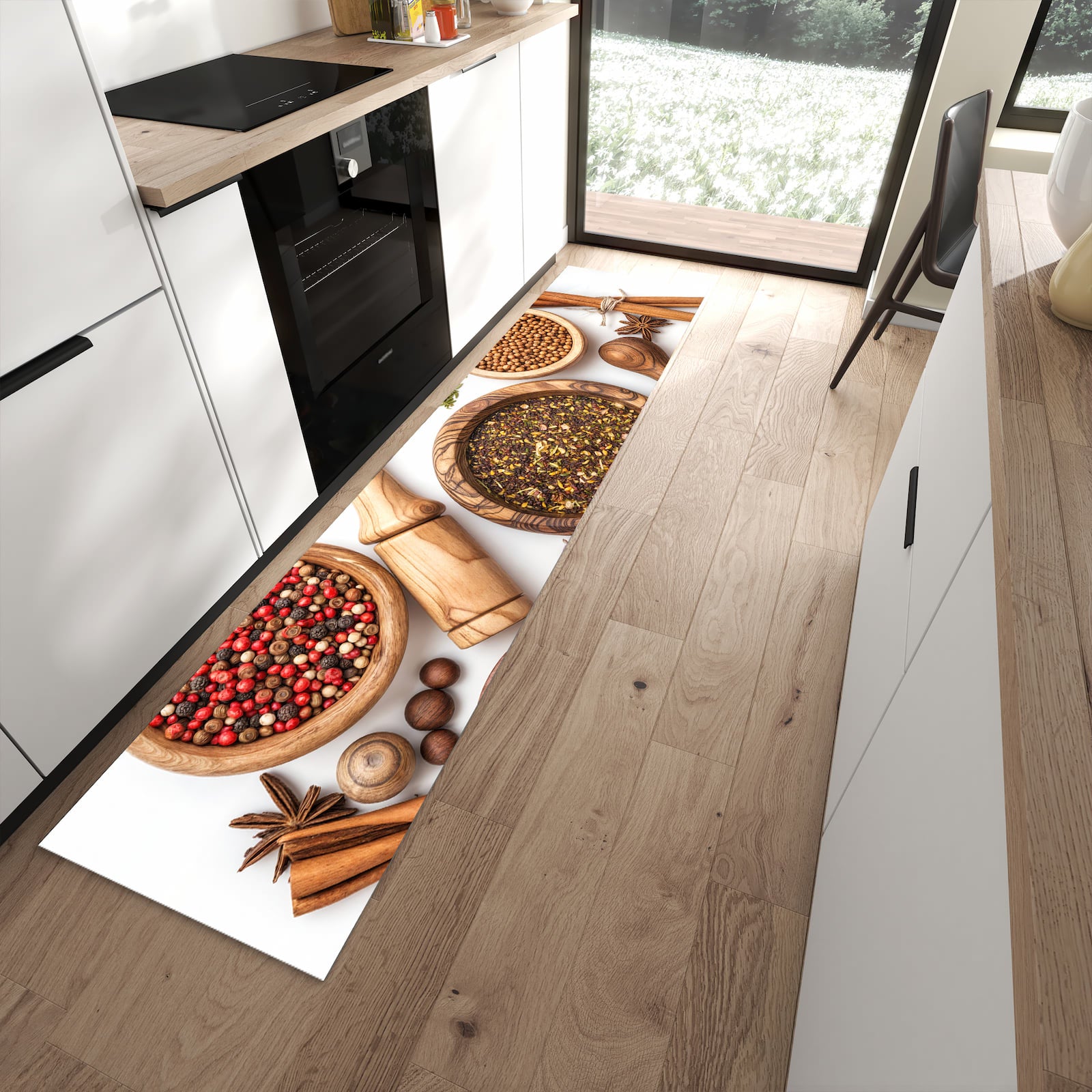 Rutschfester Küchenteppich mit Motiv Gewürzsammlung Zubehör für Trittkomfort in moderner Küche