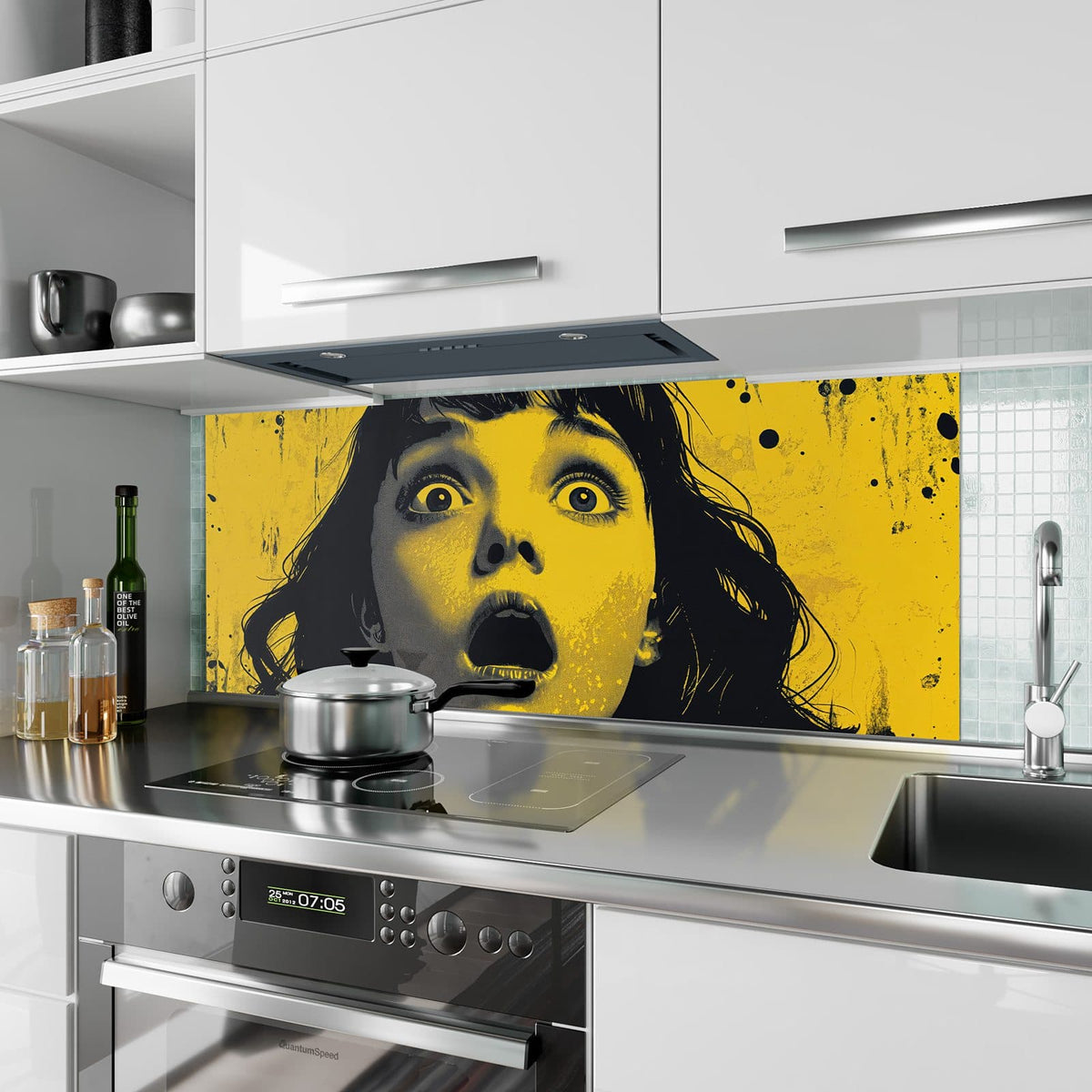 Küchenrückwand aus Glas Schrei in Gelb im Hochformat als Spritzschutz hinter dem Kochfeld, über dem Fliesenspiegel montiert