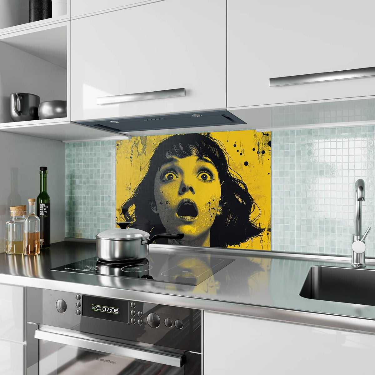Küchenrückwand aus Glas Schrei in Gelb im Hochformat als Spritzschutz hinter dem Kochfeld, über dem Fliesenspiegel montiert