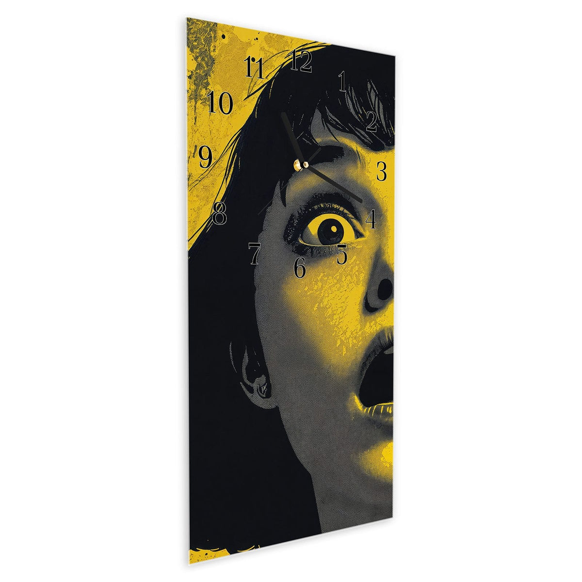 Vormontiert – mit Schwebeeffekt – Wanduhr Schreiendes Portrait aus Glas – Hochformat 30 × 60 cm